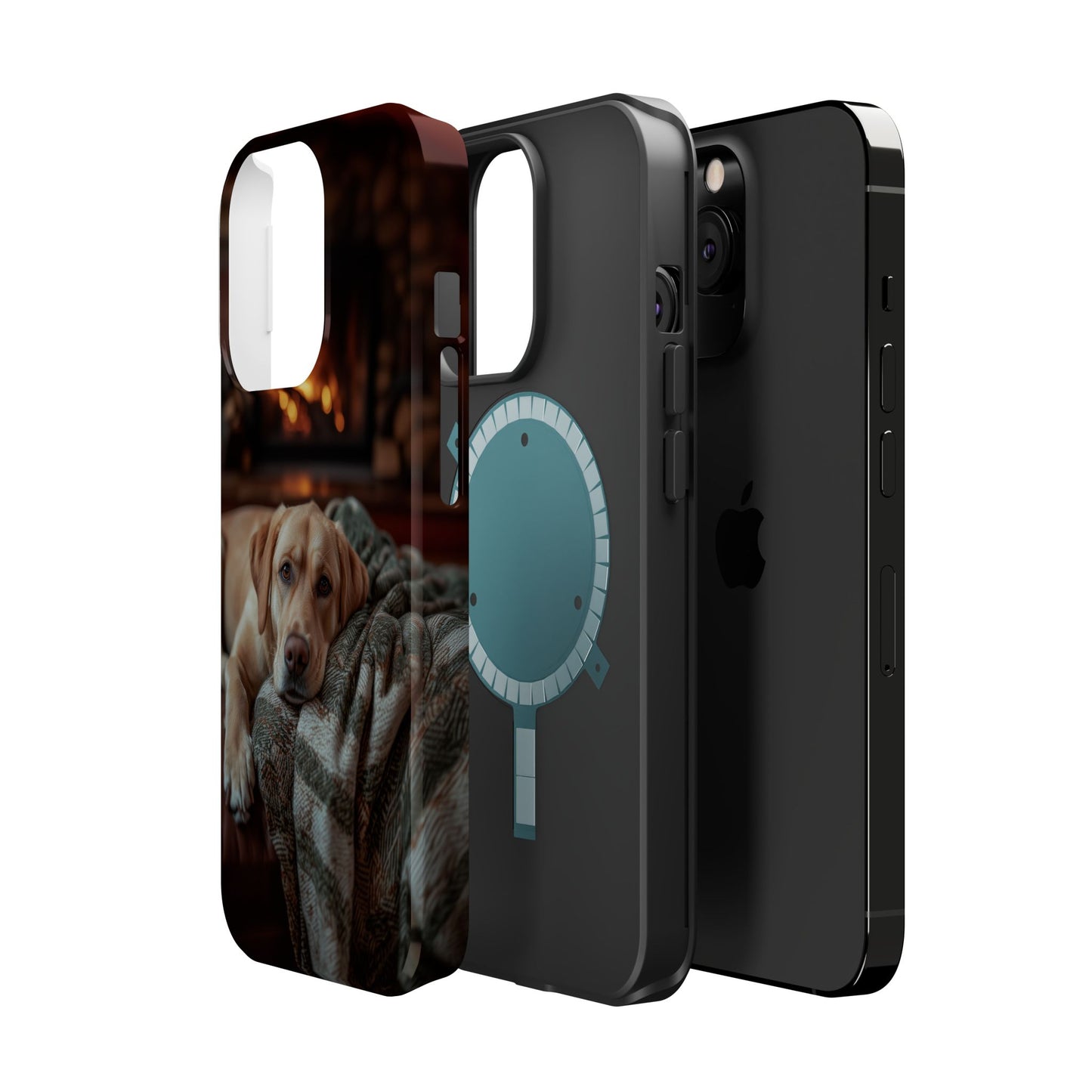 Cozy Labrador by Fireplace MagSafe iPhone Case – Rustic Cabin Protective Cover