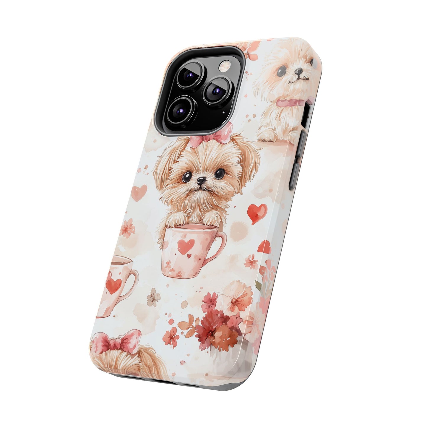 Puppies & Heart Mugs iPhone Case – Sweet Dog & Floral Design, Shockproof & Slim - BOGO Cases
