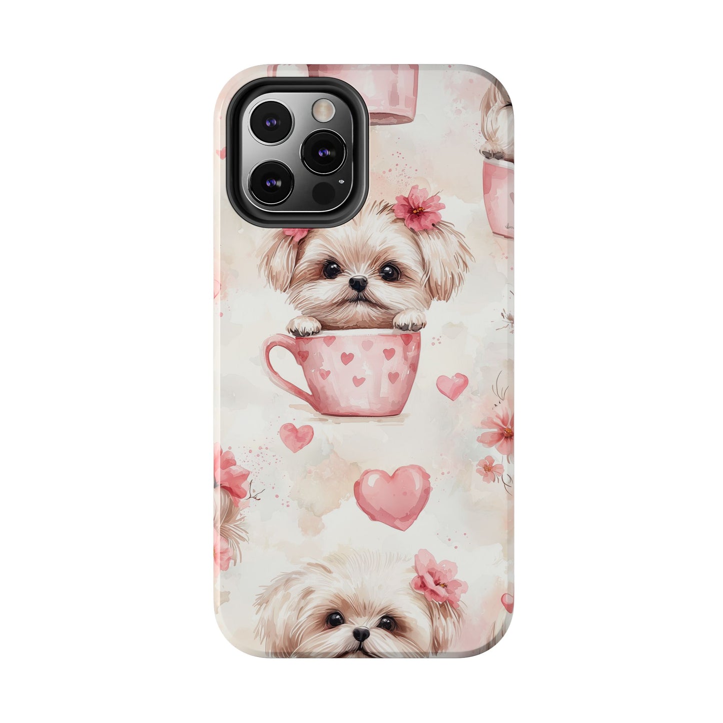 Floral Puppy in Teacup iPhone Case – Cute Pink Flower Design, Tough Dual - Layer Protection - BOGO Cases