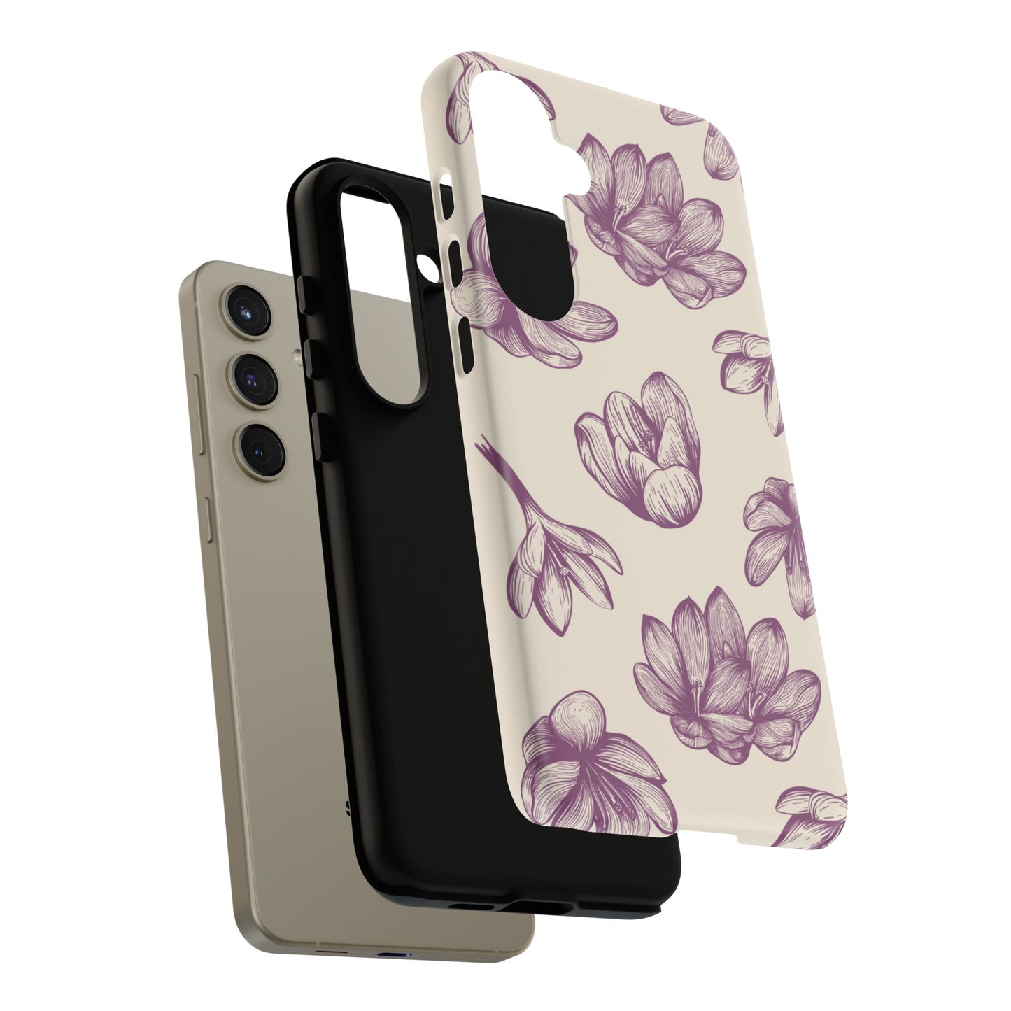 Vintage Botanical Floral Tough Samsung Galaxy  Case – Hand-Drawn Purple Flowers, Shockproof Design