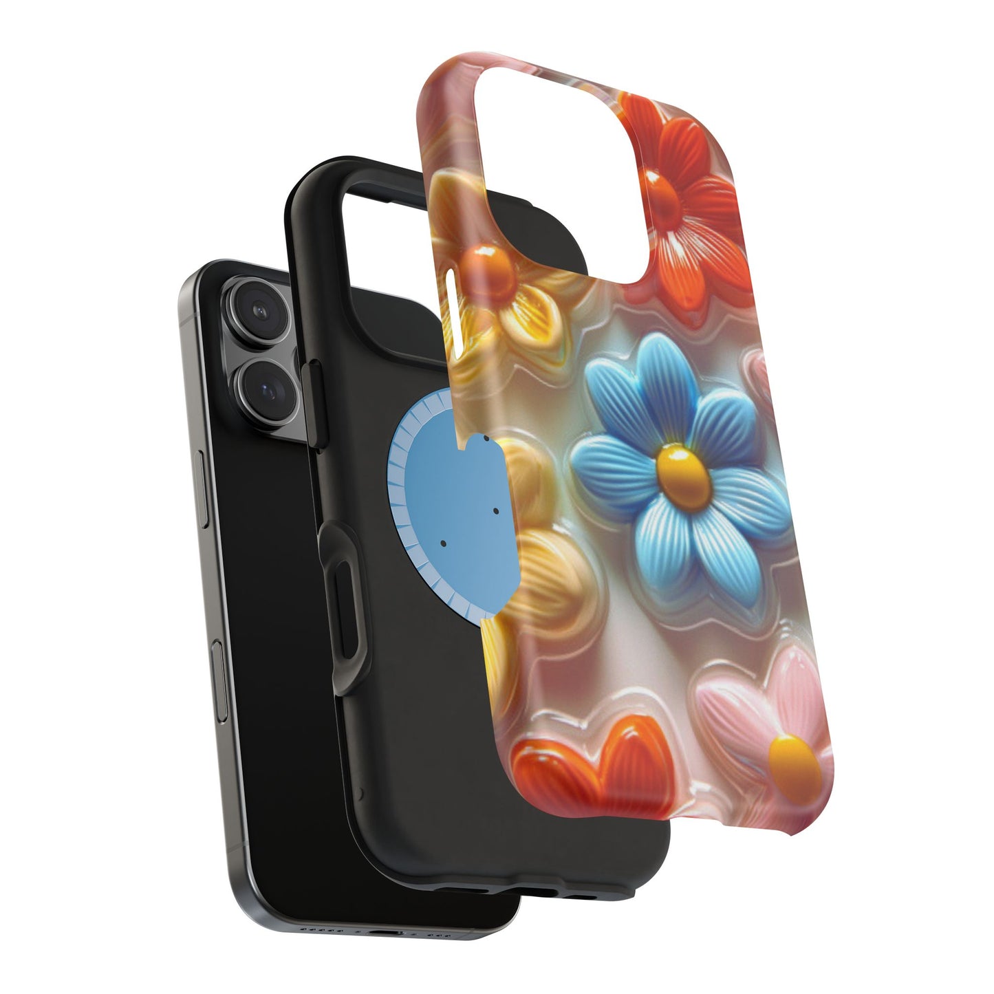 Glossy Retro Flower MagSafe iPhone Case – Colorful 3D Floral Design, Durable Protection