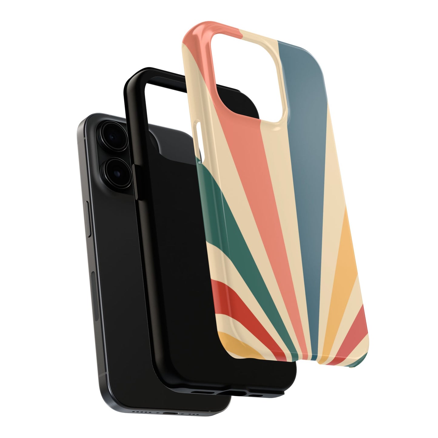 Retro Sunbeam iPhone Case – 70s-Inspired Radiating Stripes in Coral, Teal, and Mustard