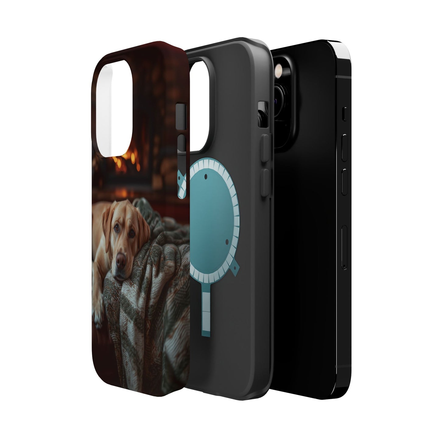 Cozy Labrador by Fireplace MagSafe iPhone Case – Rustic Cabin Protective Cover