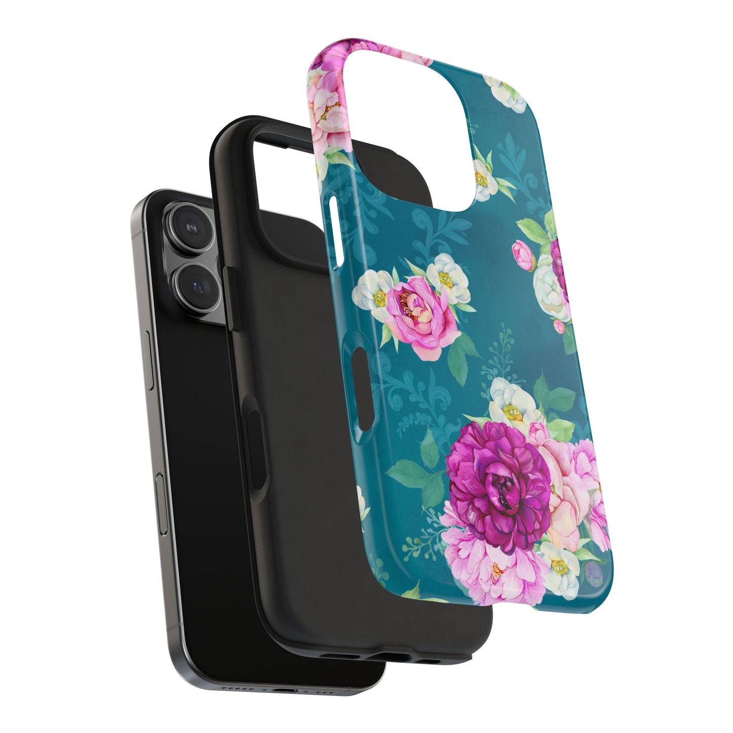 Elegant Peony Bouquet iPhone Case – Deep Teal Background with Romantic Floral Design