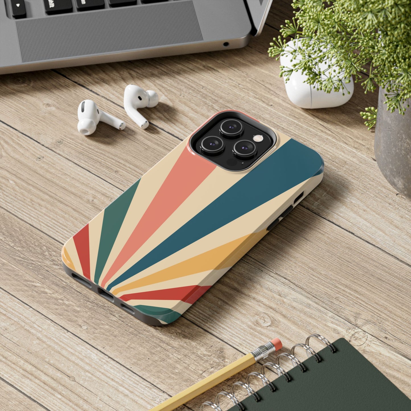 Retro Sunbeam iPhone Case – 70s-Inspired Radiating Stripes in Coral, Teal, and Mustard