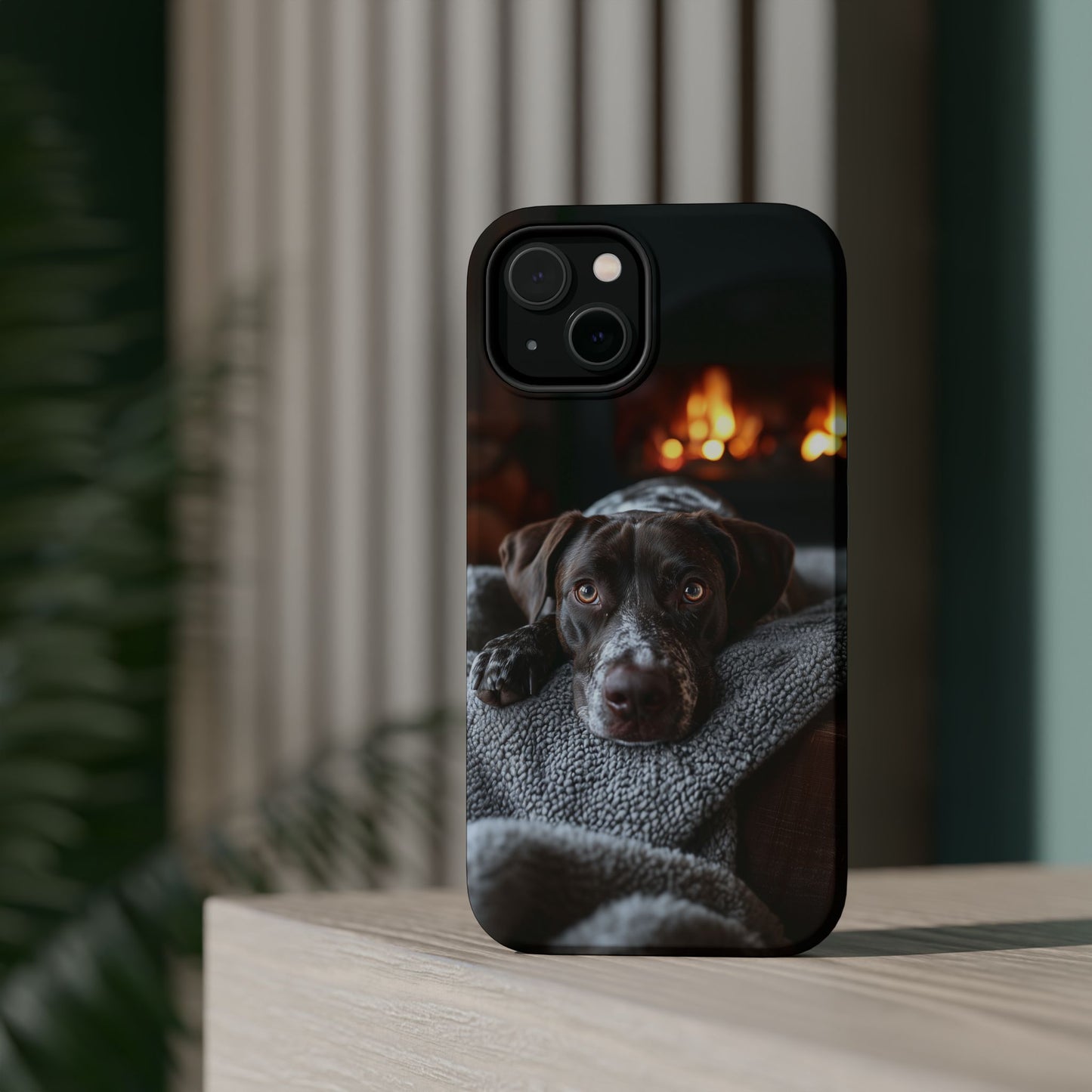 Cozy German Shorthaired Pointer MagSafe iPhone Case – Rustic Fireplace Protective Cover