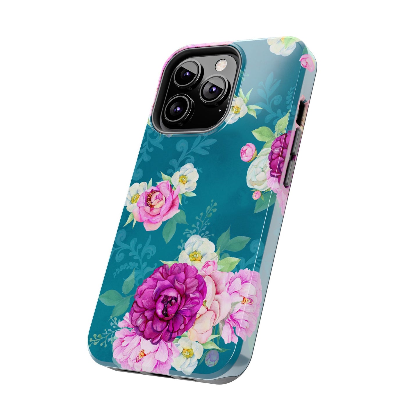 Elegant Peony Bouquet iPhone Case – Deep Teal Background with Romantic Floral Design