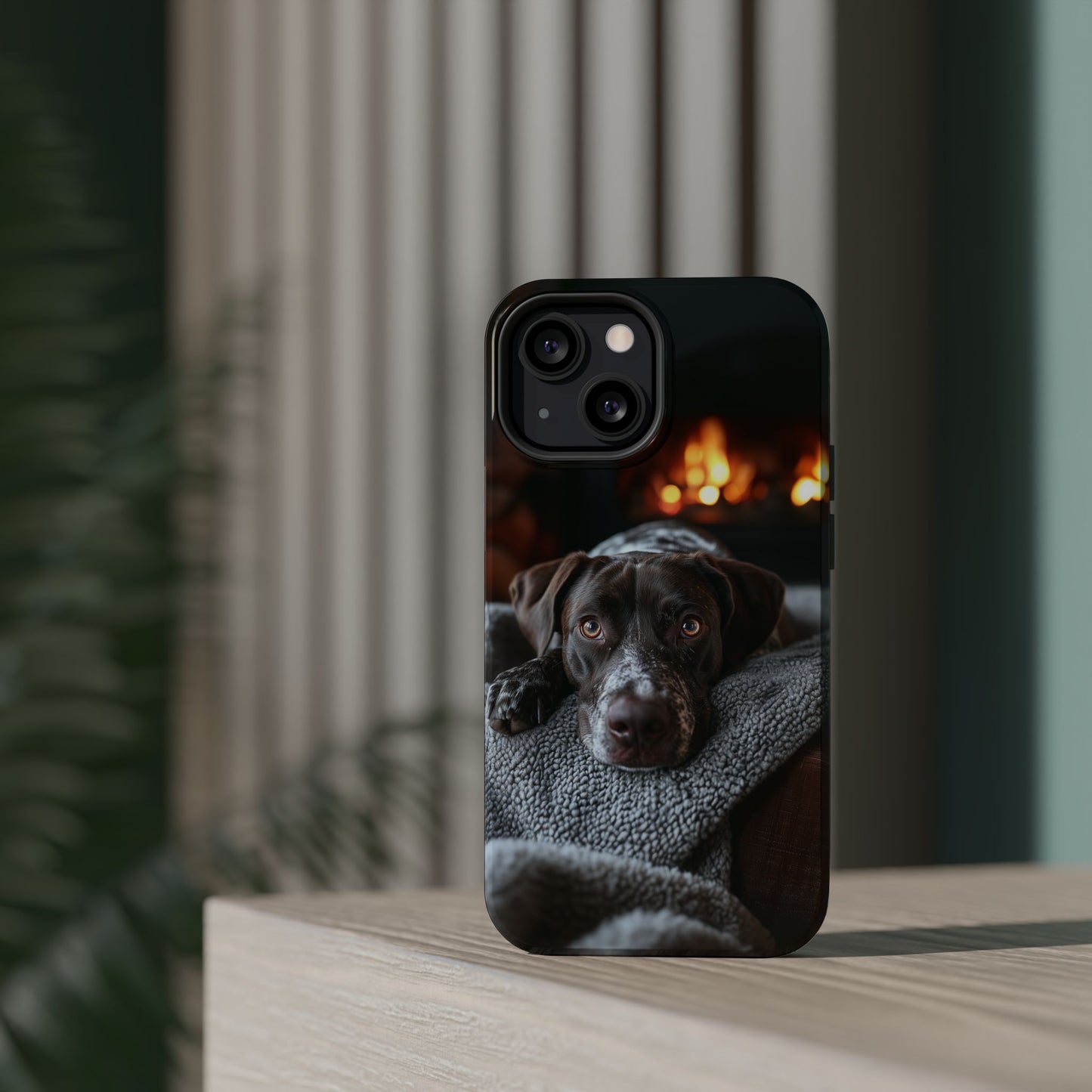 Cozy German Shorthaired Pointer MagSafe iPhone Case – Rustic Fireplace Protective Cover