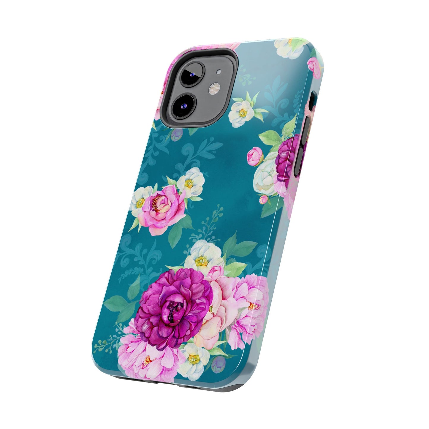 Elegant Peony Bouquet iPhone Case – Deep Teal Background with Romantic Floral Design