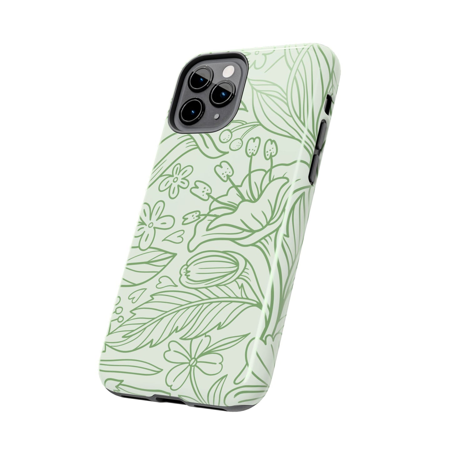 Sage Green Floral Line Art Tough iPhone Case – Minimalist Botanical Design with Dual-Layer Protection