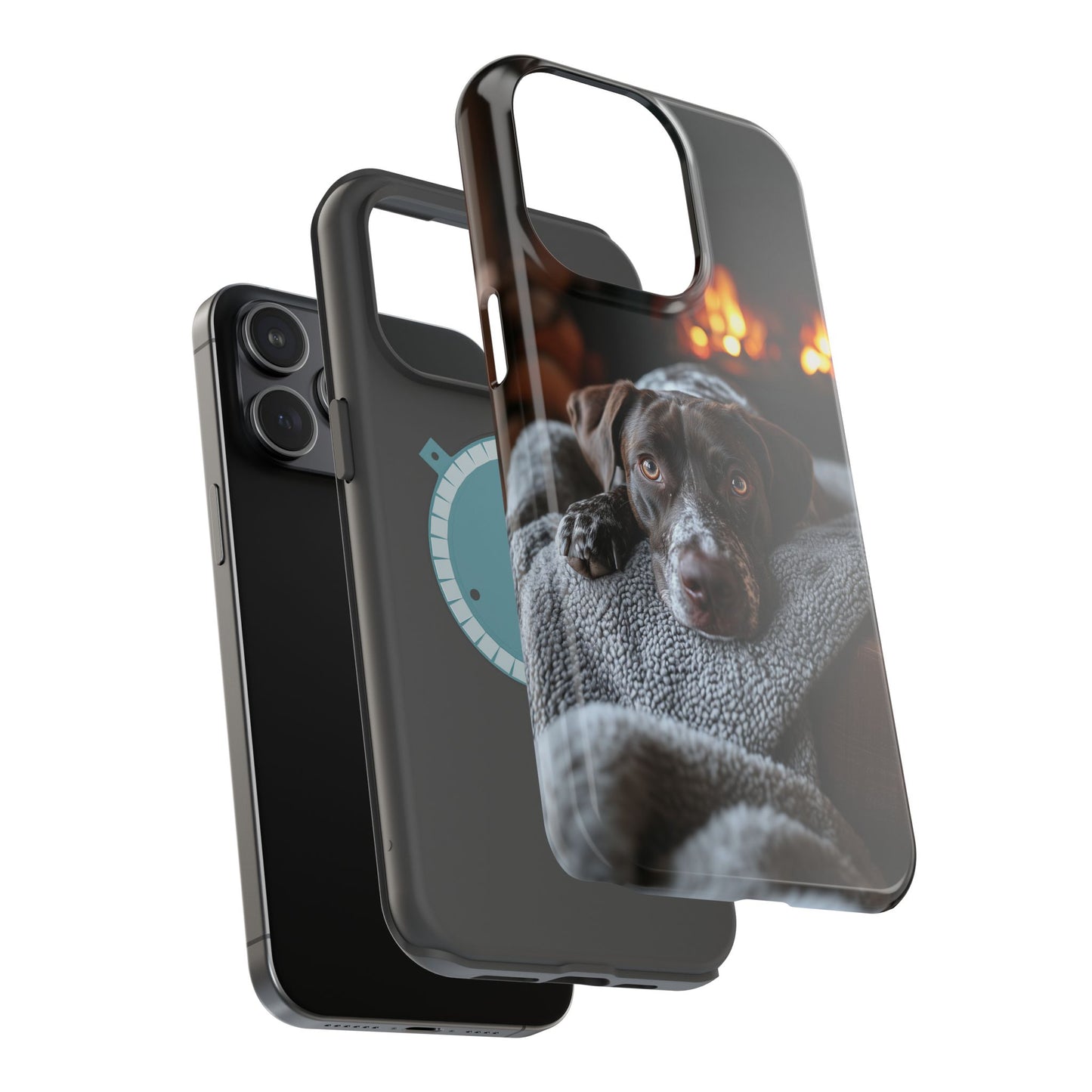Cozy German Shorthaired Pointer MagSafe iPhone Case – Rustic Fireplace Protective Cover