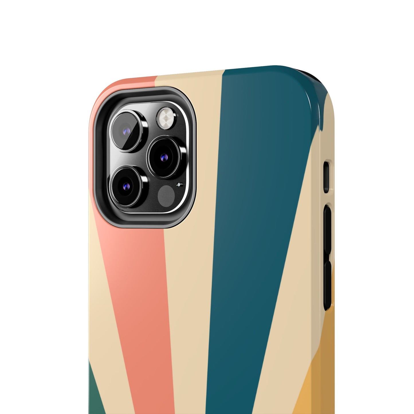 Retro Sunbeam iPhone Case – 70s-Inspired Radiating Stripes in Coral, Teal, and Mustard