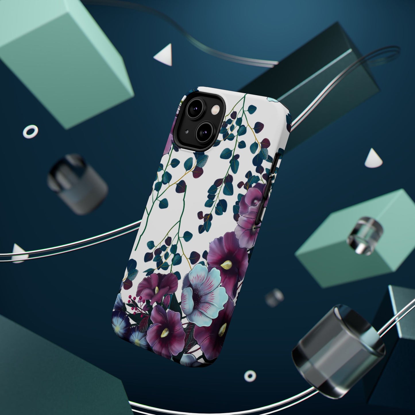 Moody Purple & Teal Floral MagSafe iPhone Series Case – Elegant Botanical Design