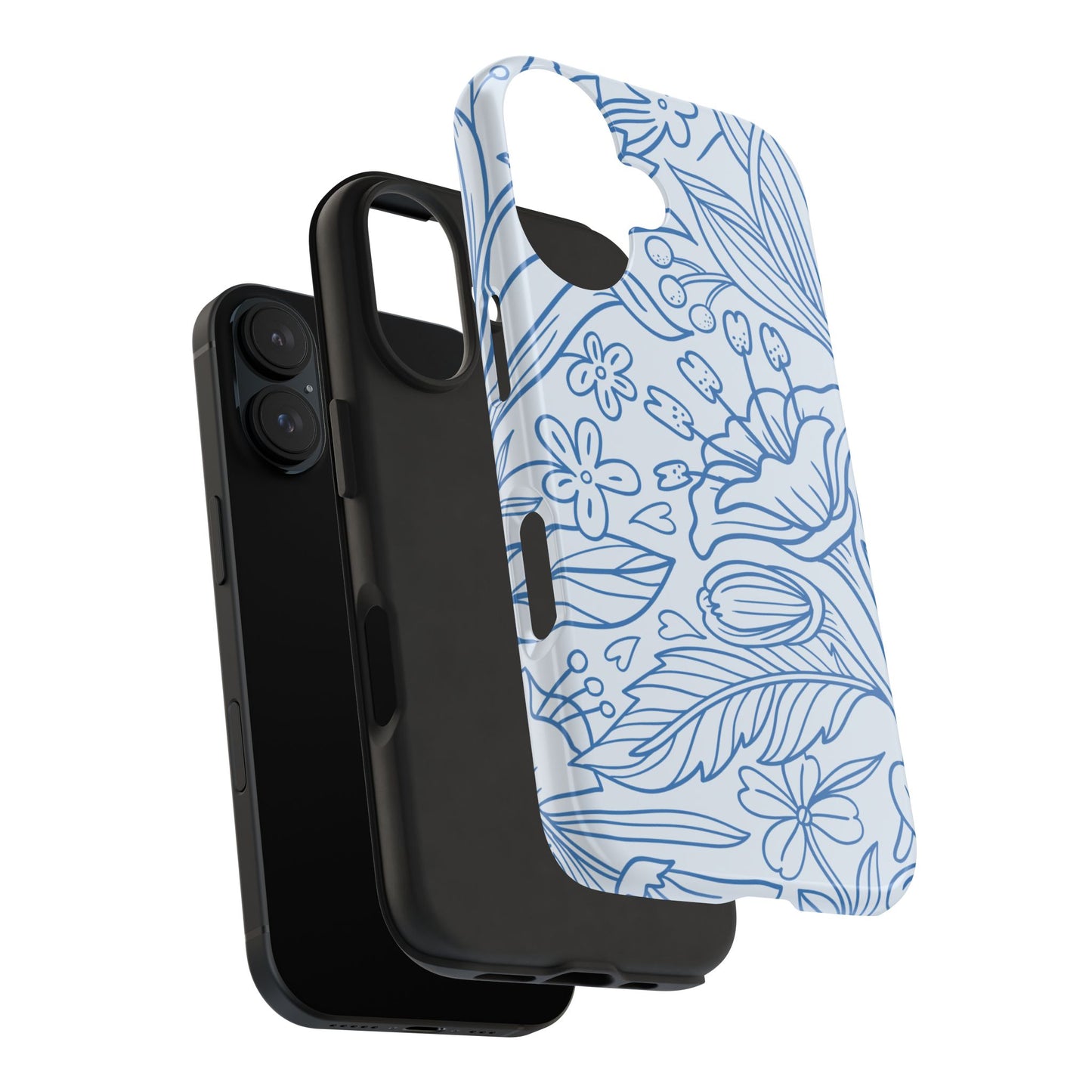 Dusty Blue Floral Line Art Tough iPhone Case – Minimalist Botanical Design with Dual-Layer Protection