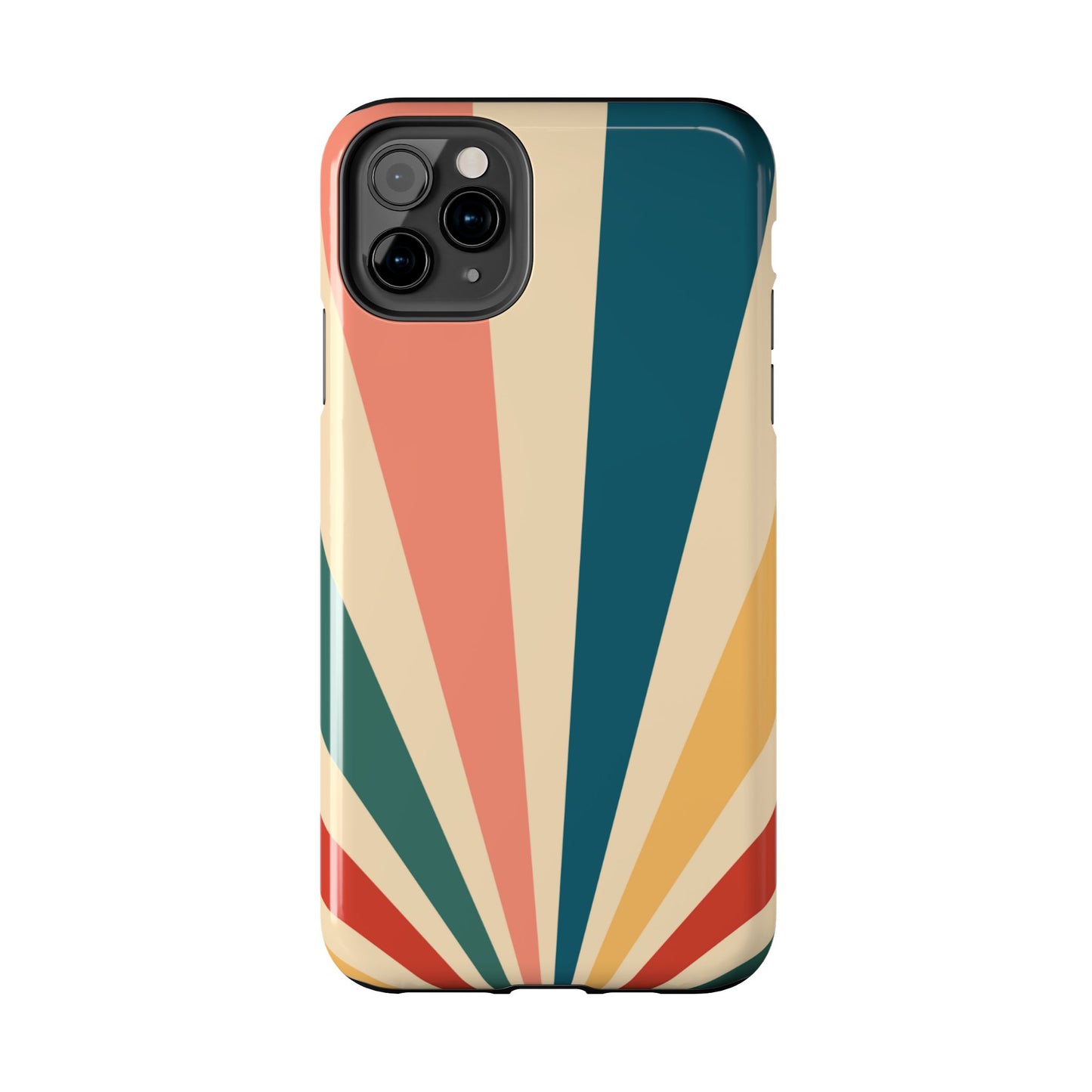 Retro Sunbeam iPhone Case – 70s-Inspired Radiating Stripes in Coral, Teal, and Mustard