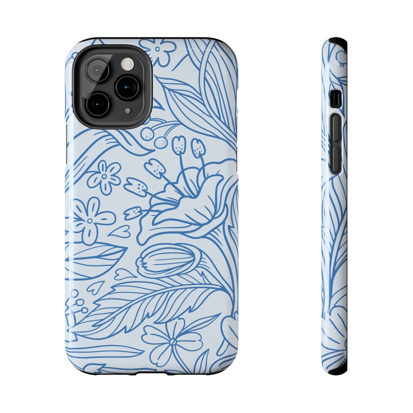 Dusty Blue Floral Line Art Tough iPhone Case – Minimalist Botanical Design with Dual-Layer Protection