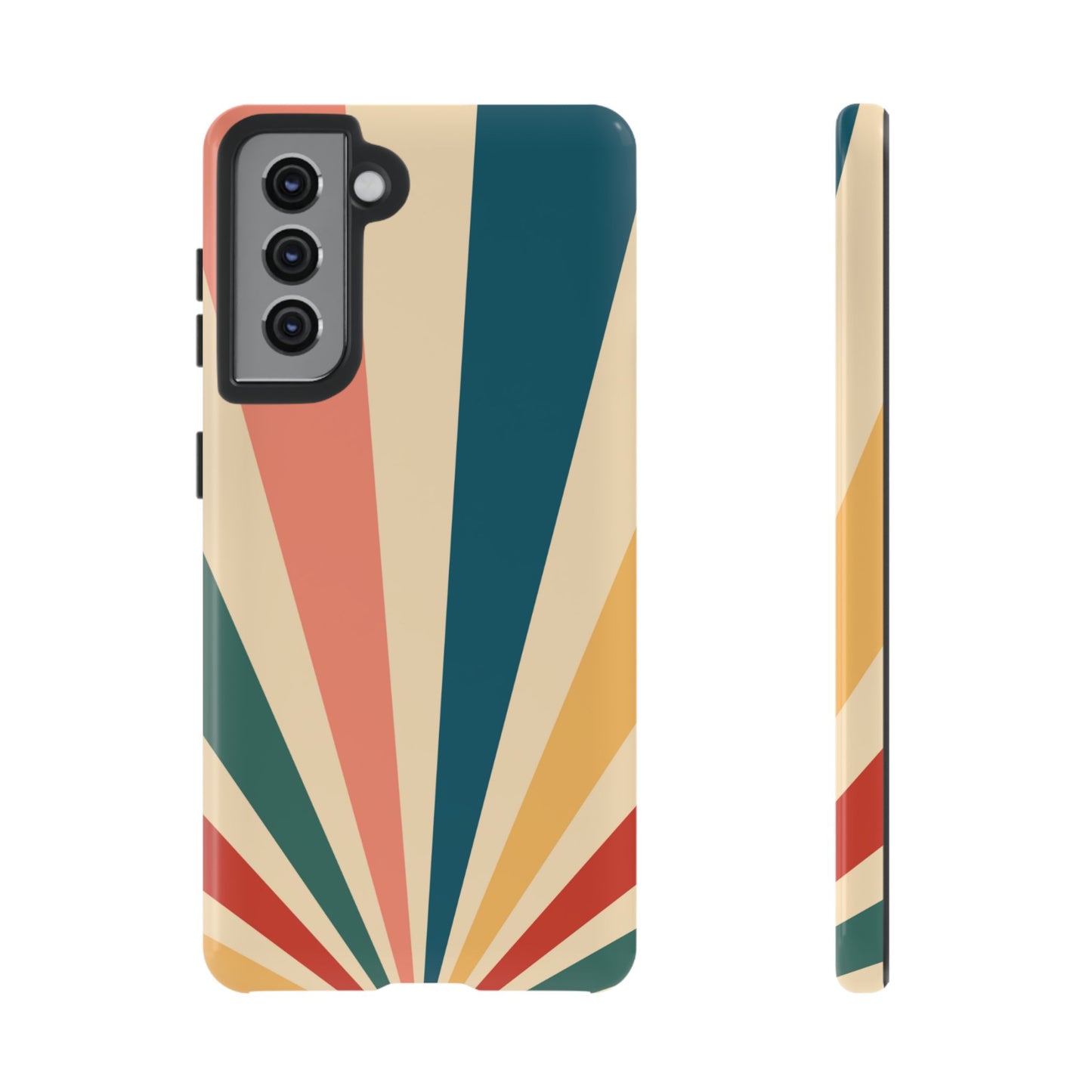 Retro Sunbeam Samsung Galaxy Case – 70s-Inspired Radiating Stripes in Coral, Teal, and Mustard