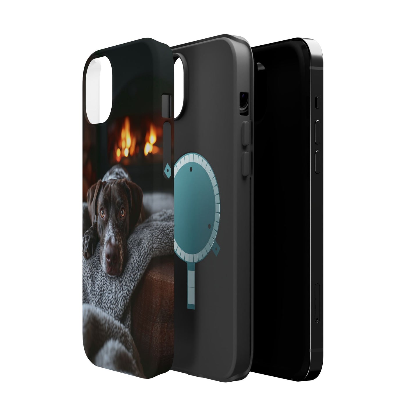 Cozy German Shorthaired Pointer MagSafe iPhone Case – Rustic Fireplace Protective Cover