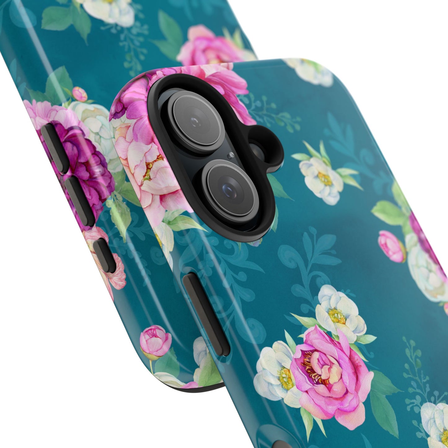 Elegant Peony Bouquet iPhone Case – Deep Teal Background with Romantic Floral Design