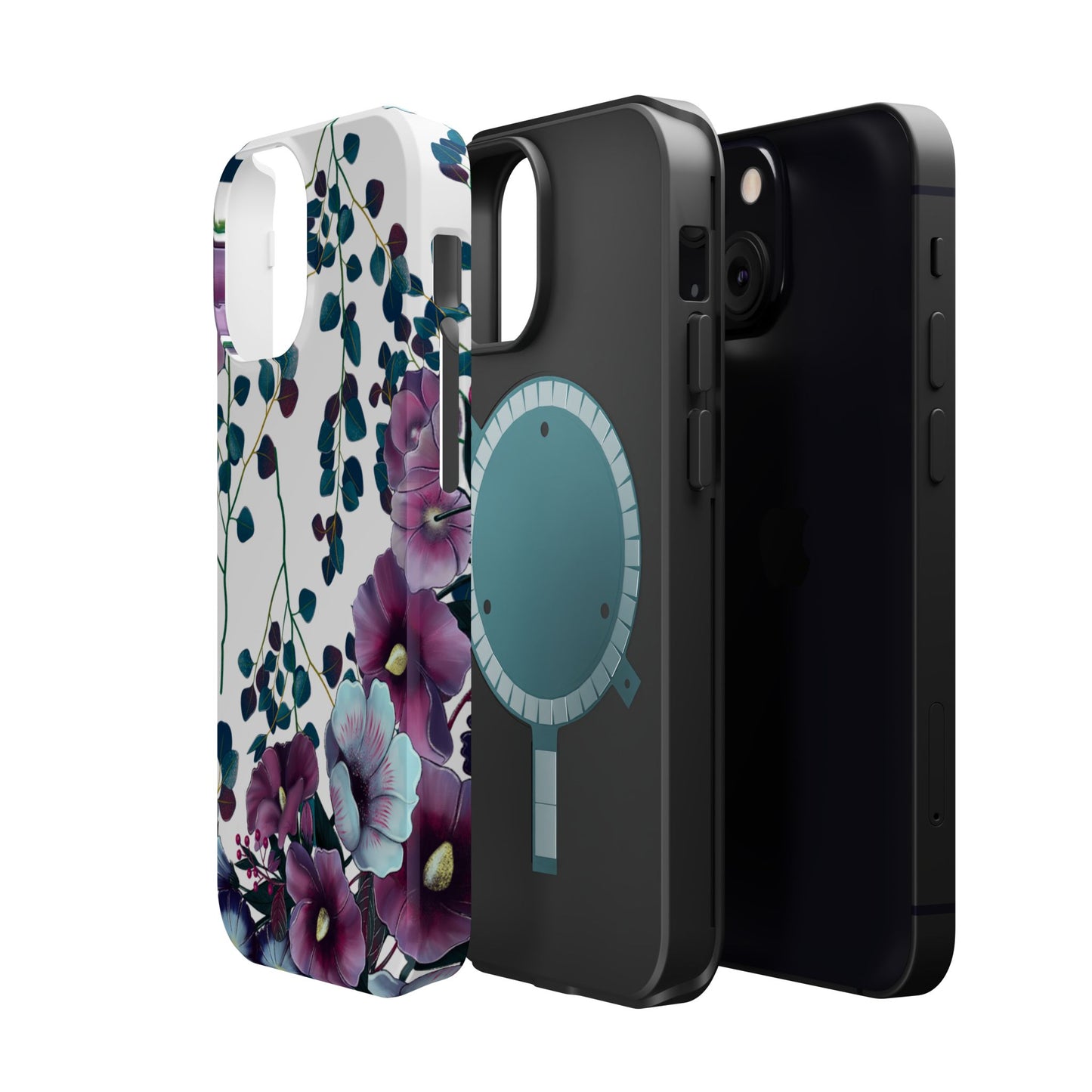 Moody Purple & Teal Floral MagSafe iPhone Series Case – Elegant Botanical Design