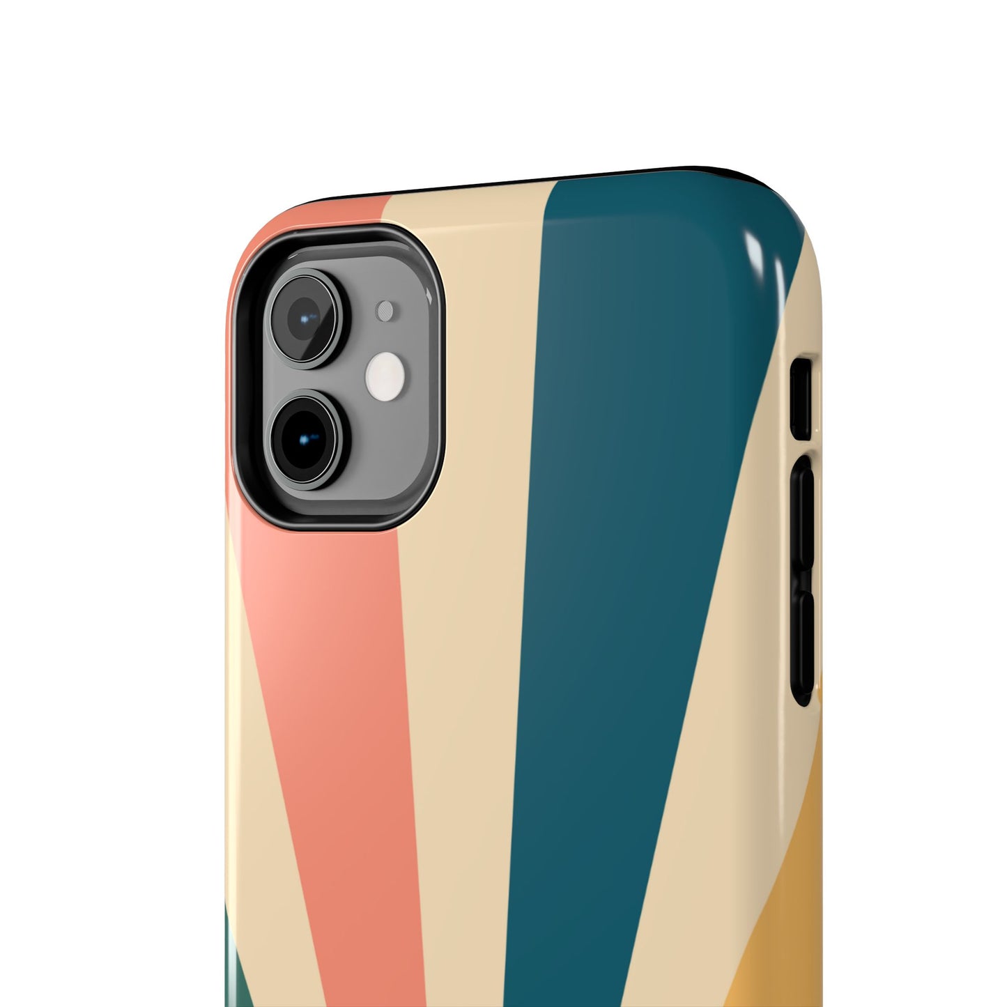 Retro Sunbeam iPhone Case – 70s-Inspired Radiating Stripes in Coral, Teal, and Mustard
