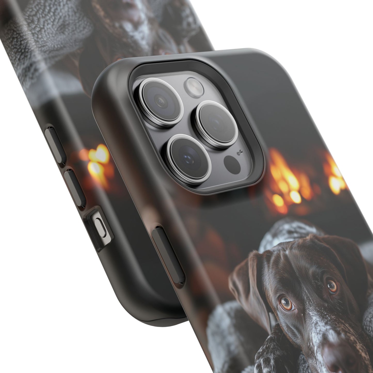 Cozy German Shorthaired Pointer MagSafe iPhone Case – Rustic Fireplace Protective Cover