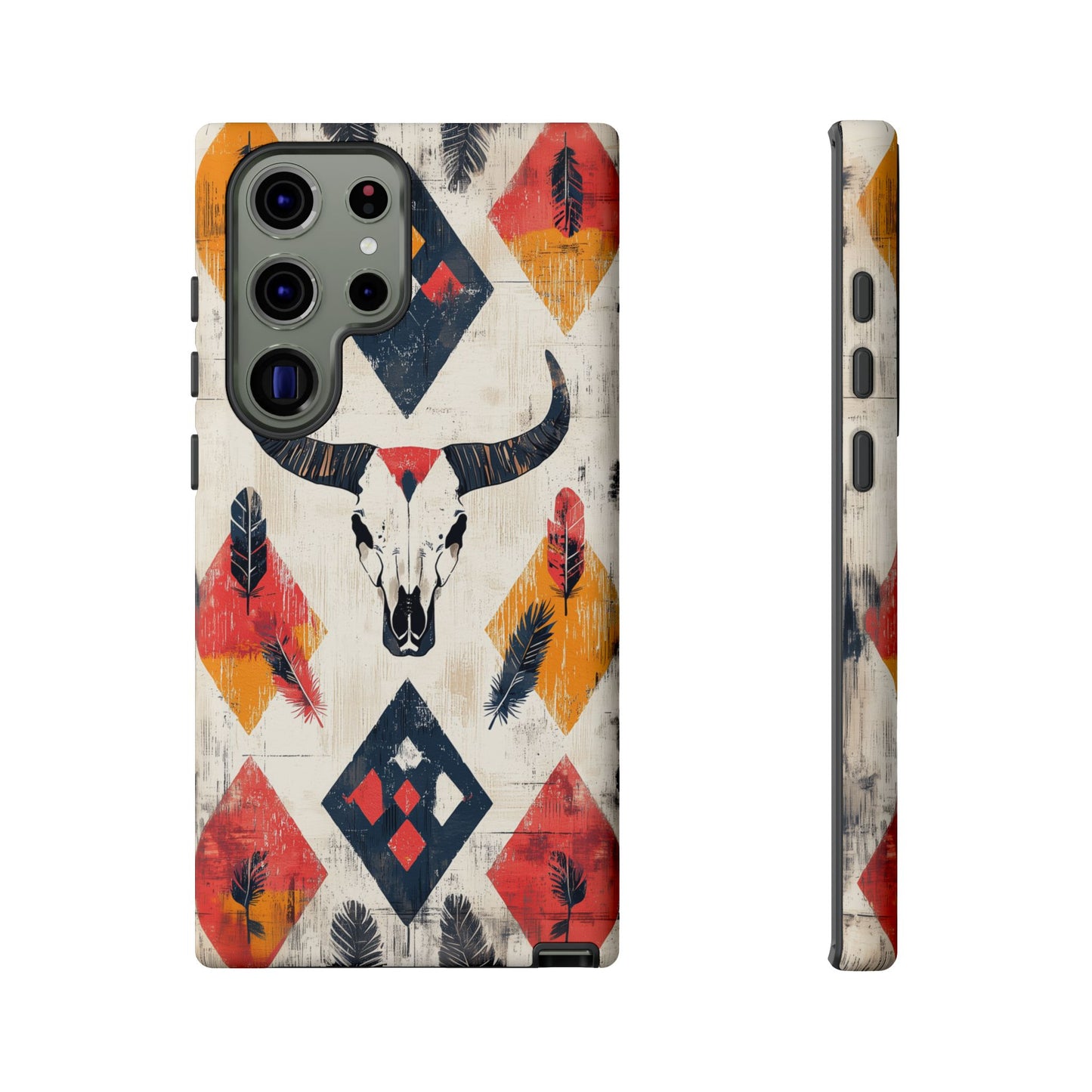 Western Bull Skull & Feathers Tough Samsung Galaxy Case – Bold Tribal Design, Dual-Layer Protection