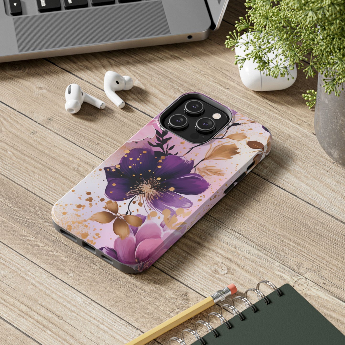 Elegant Purple & Gold Floral iPhone Case - Luxe Flower Design