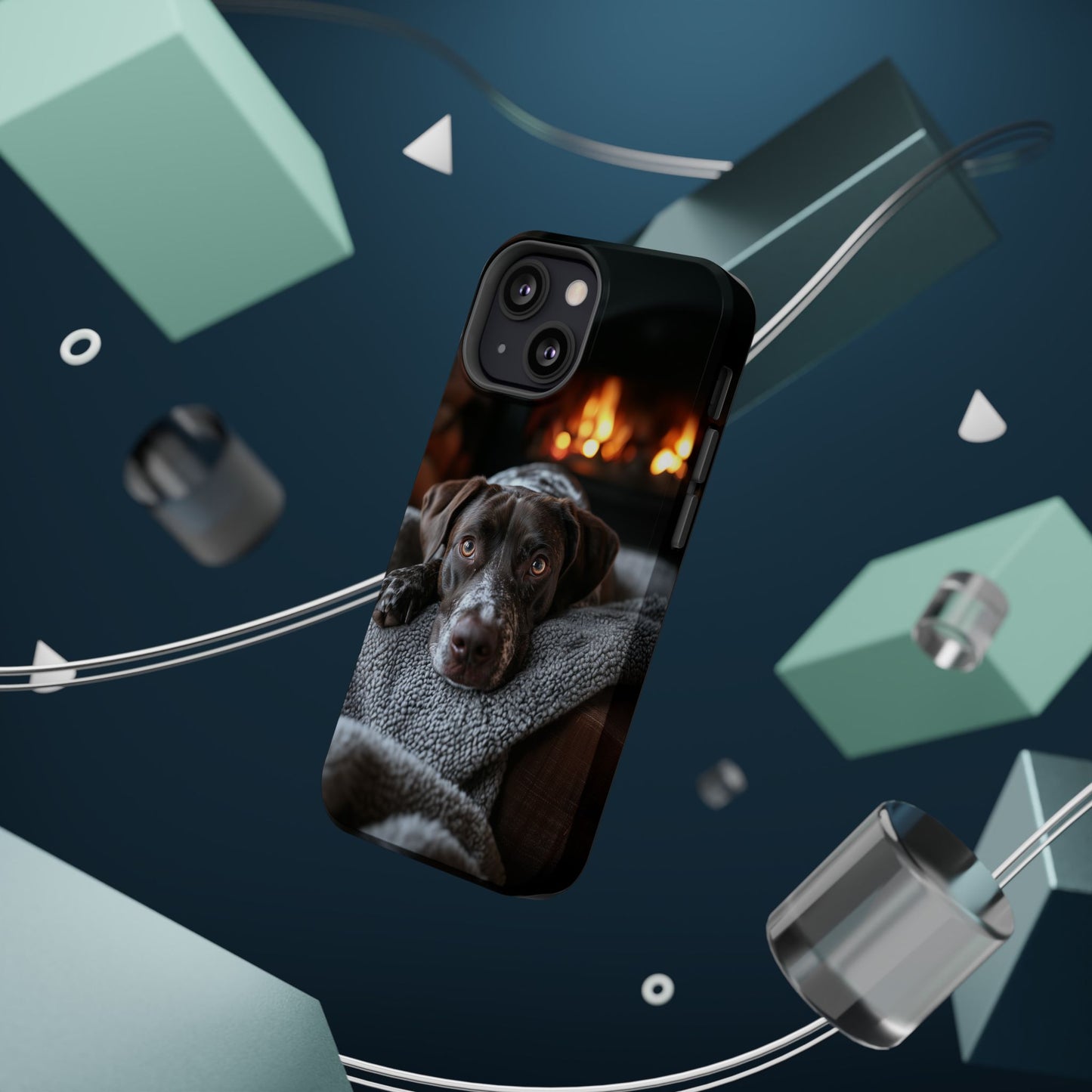 Cozy German Shorthaired Pointer MagSafe iPhone Case – Rustic Fireplace Protective Cover