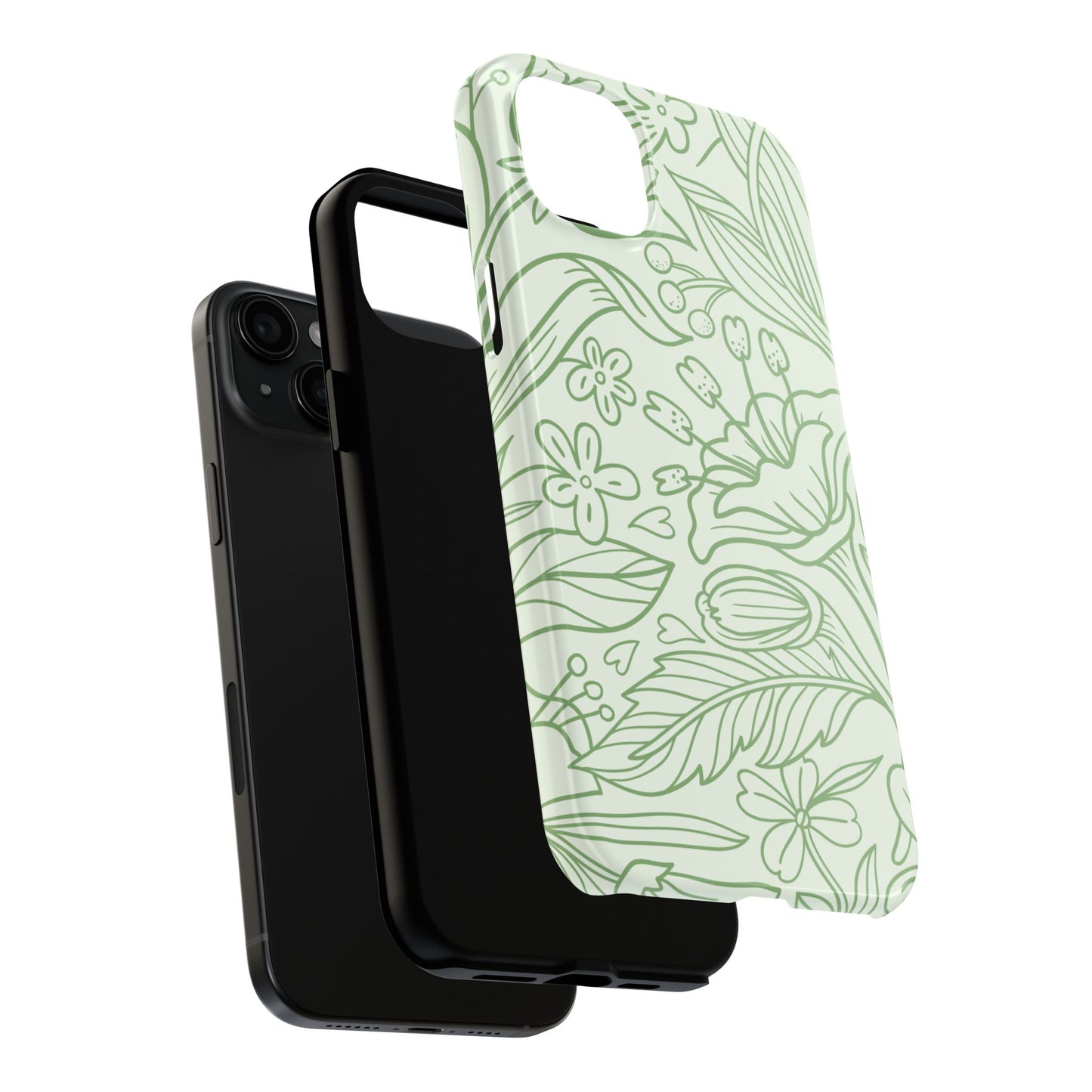 Sage Green Floral Line Art Tough iPhone Case – Minimalist Botanical Design with Dual-Layer Protection