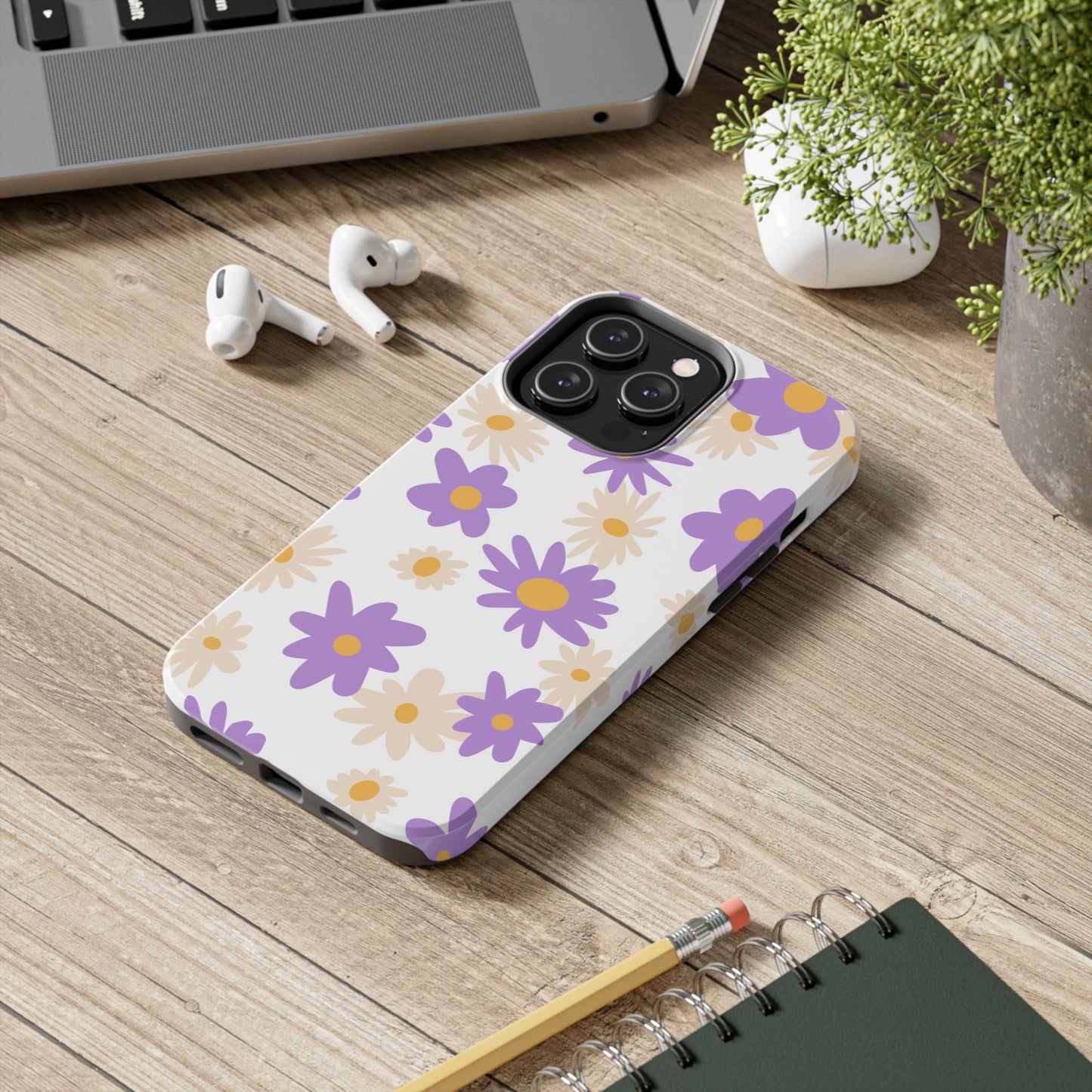 Retro Daisy Flower iPhone Case – Pastel Purple & Cream Floral Design with Matte Finish