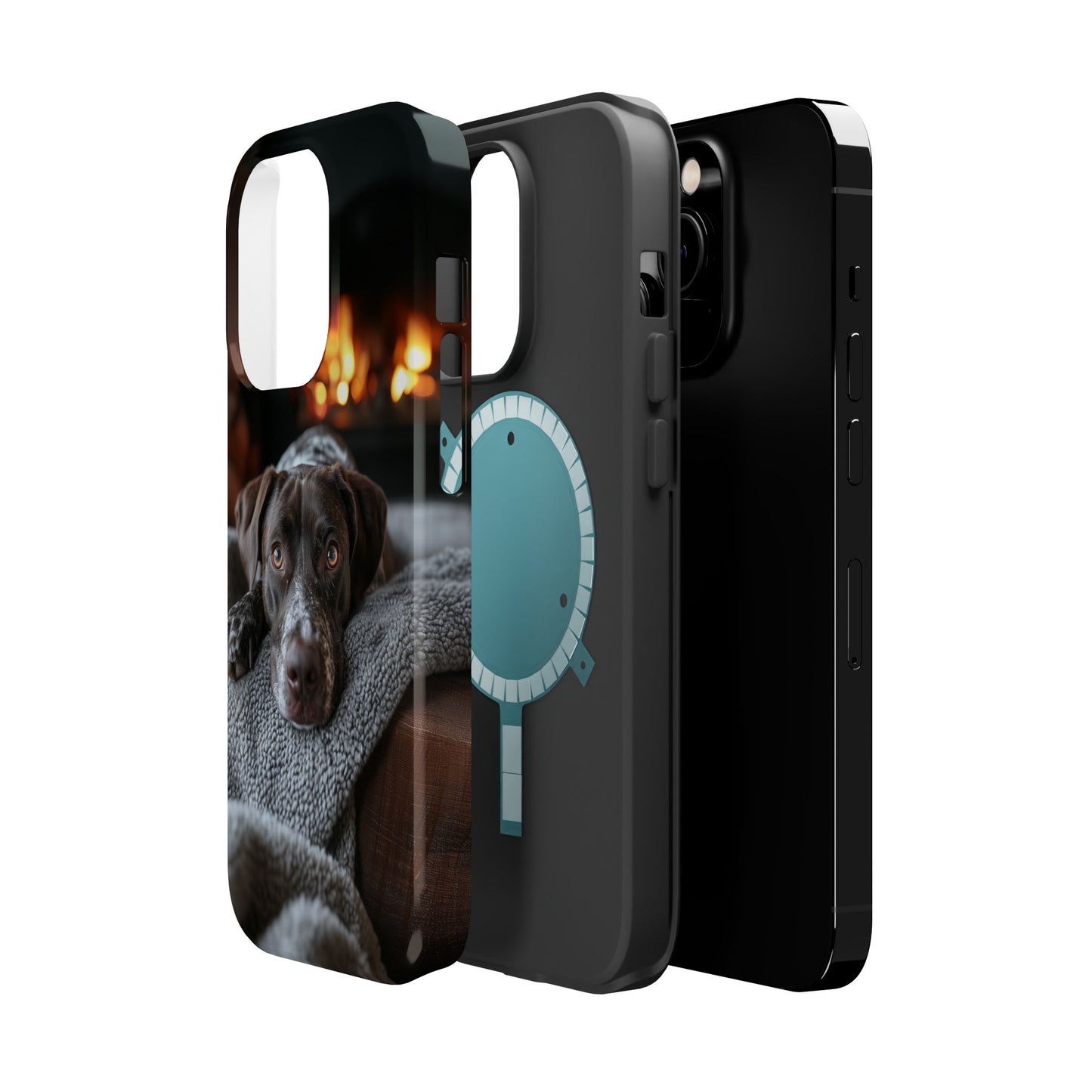 Cozy German Shorthaired Pointer MagSafe iPhone Case – Rustic Fireplace Protective Cover