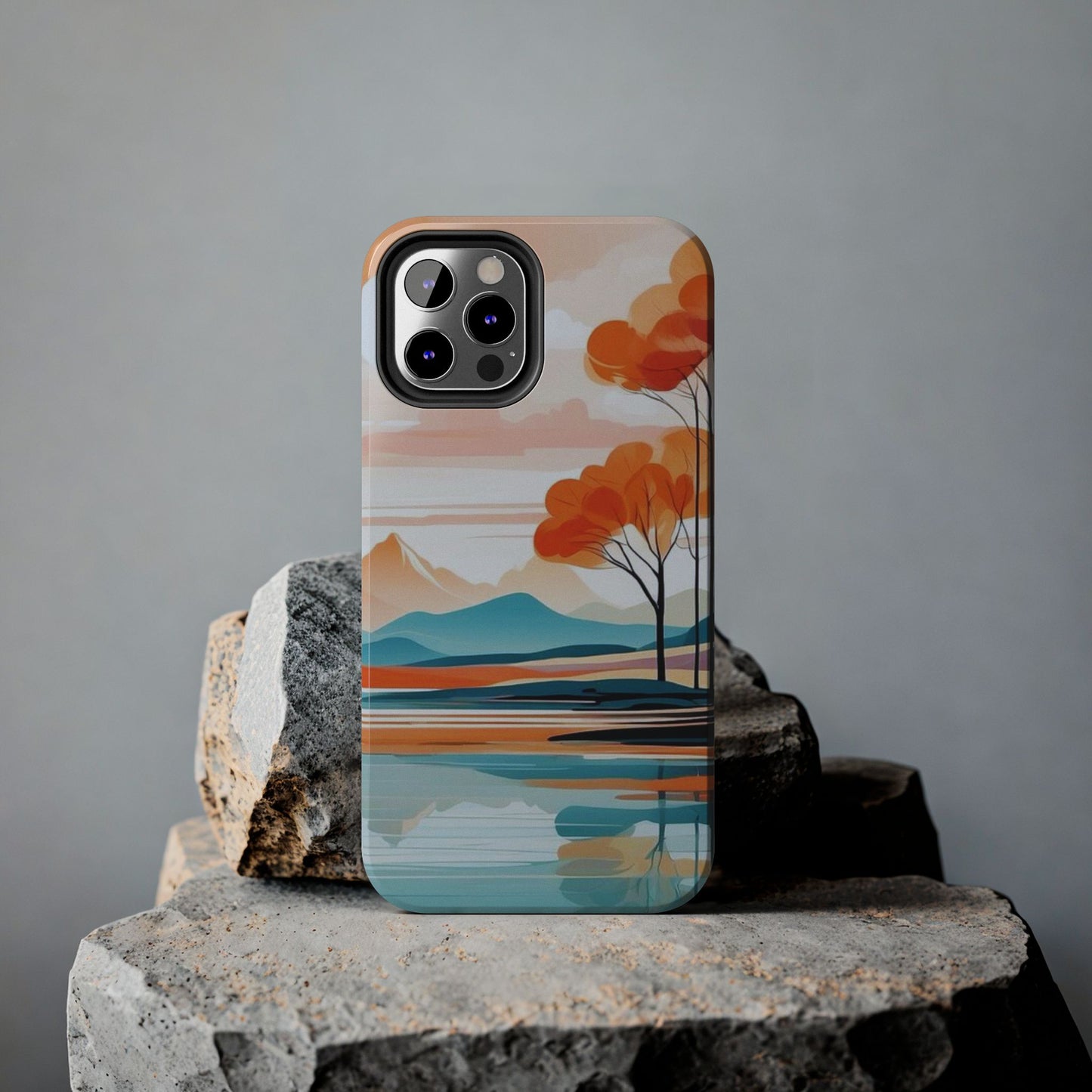 Serene Sunset Lake iPhone Case – Minimalist Landscape Art, Dual-Layer Protection