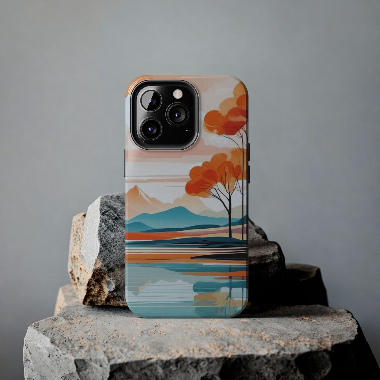 Serene Sunset Lake iPhone Case – Minimalist Landscape Art, Dual-Layer Protection