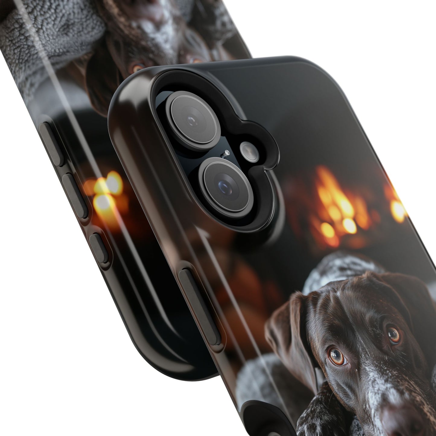 Cozy German Shorthaired Pointer MagSafe iPhone Case – Rustic Fireplace Protective Cover