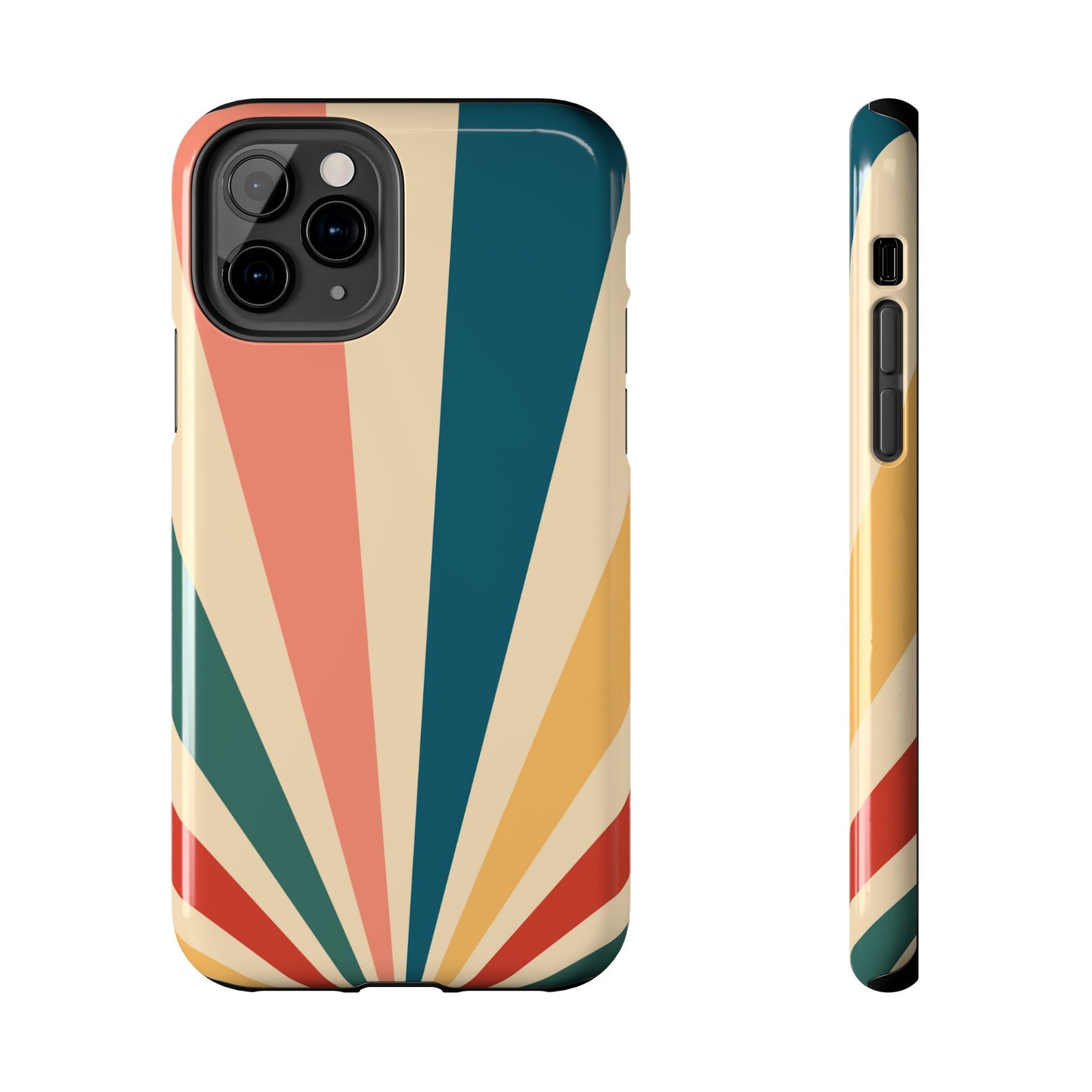 Retro Sunbeam iPhone Case – 70s-Inspired Radiating Stripes in Coral, Teal, and Mustard