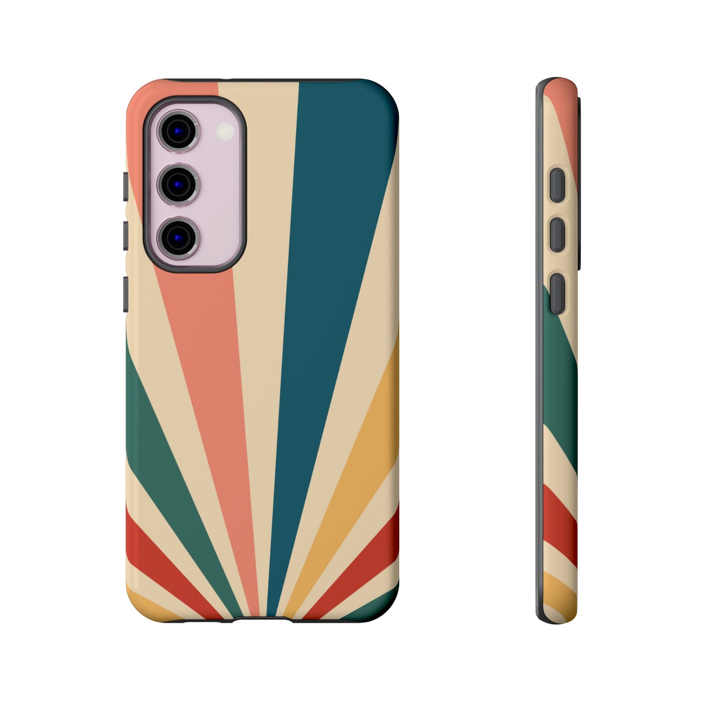 Retro Sunbeam Samsung Galaxy Case – 70s-Inspired Radiating Stripes in Coral, Teal, and Mustard