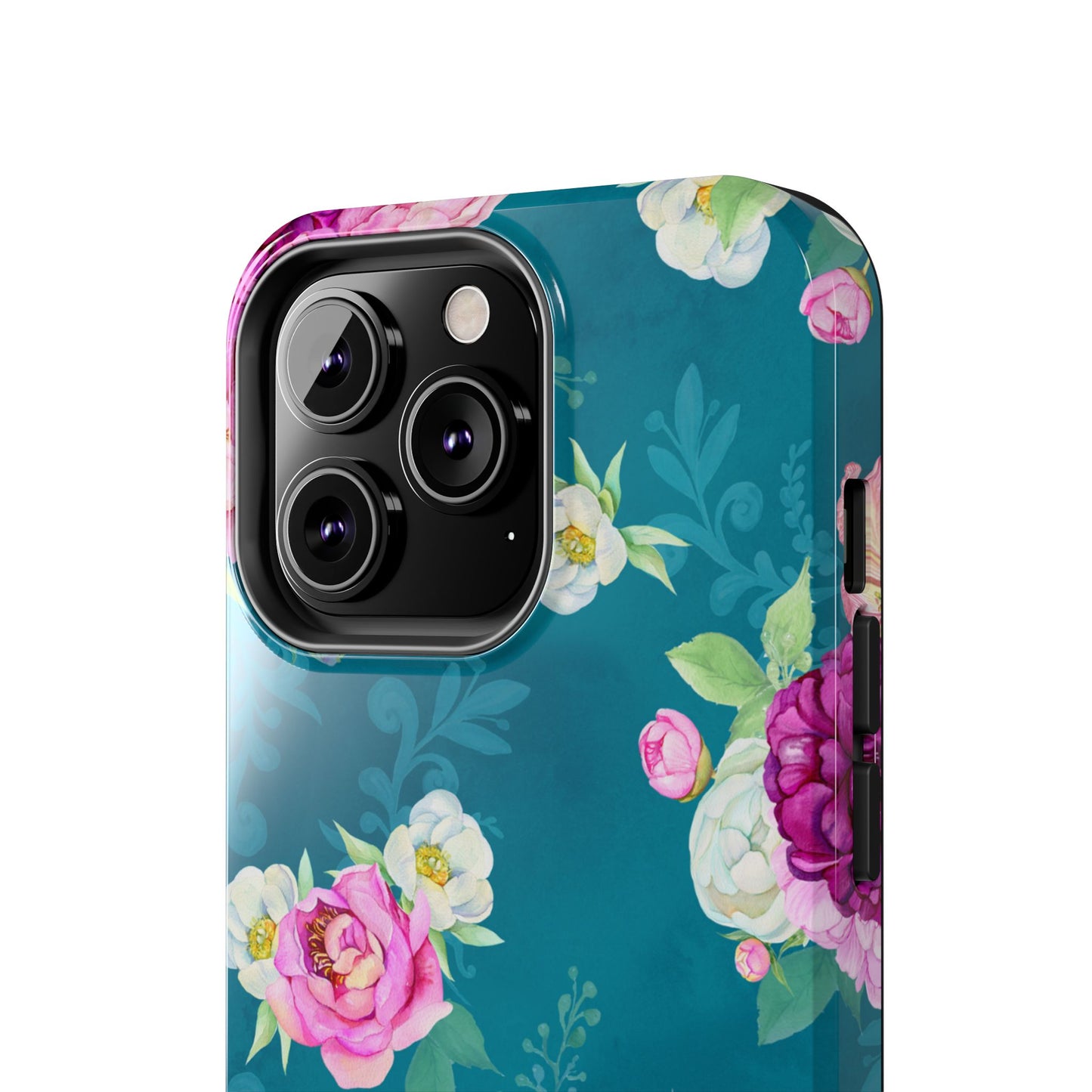 Elegant Peony Bouquet iPhone Case – Deep Teal Background with Romantic Floral Design
