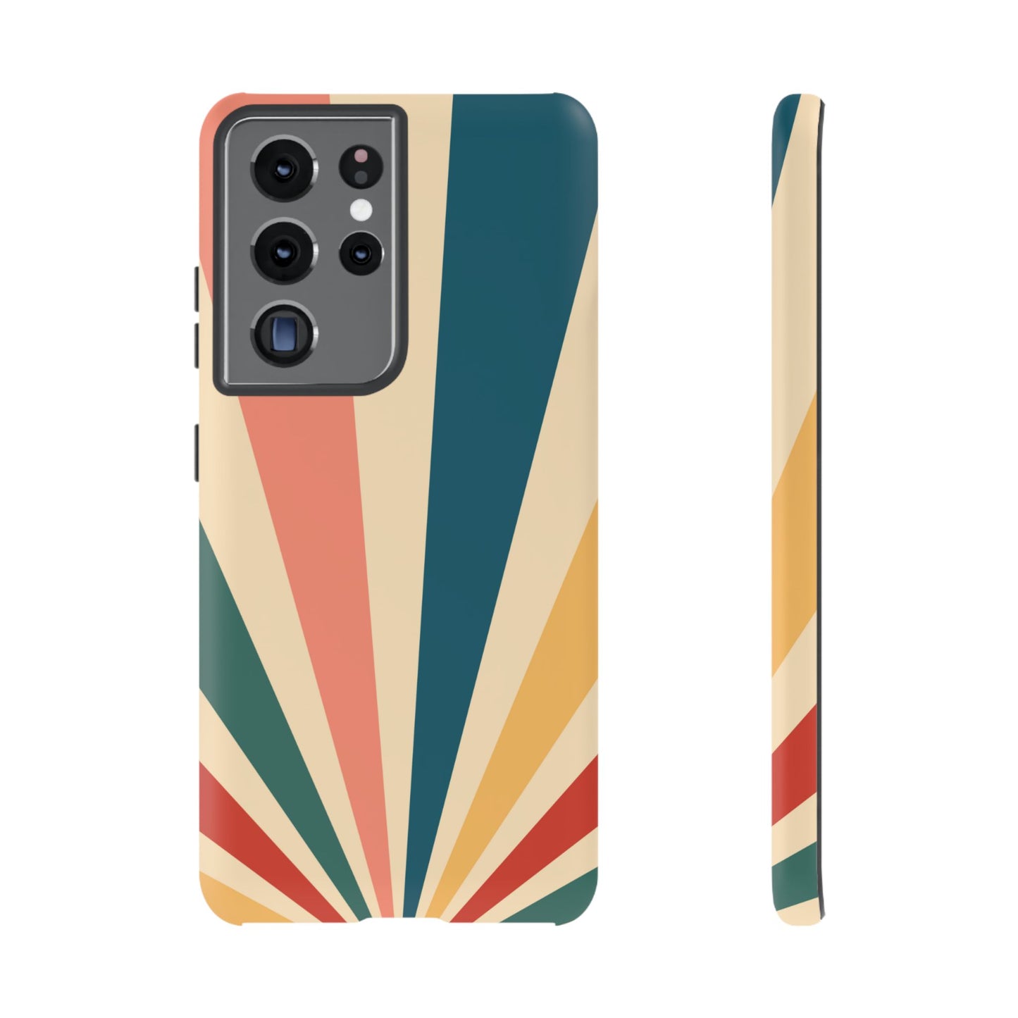 Retro Sunbeam Samsung Galaxy Case – 70s-Inspired Radiating Stripes in Coral, Teal, and Mustard