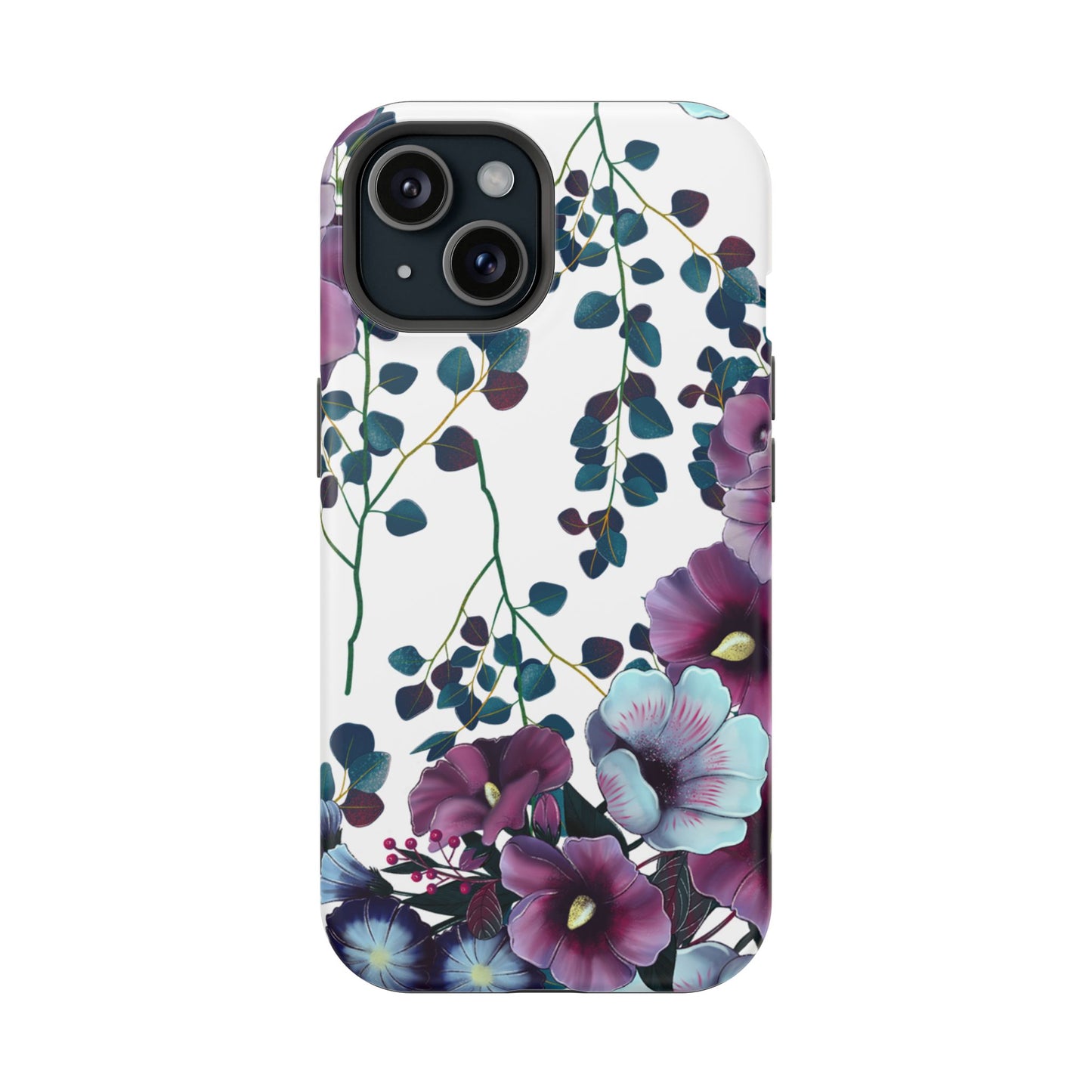 Moody Purple & Teal Floral MagSafe iPhone Series Case – Elegant Botanical Design