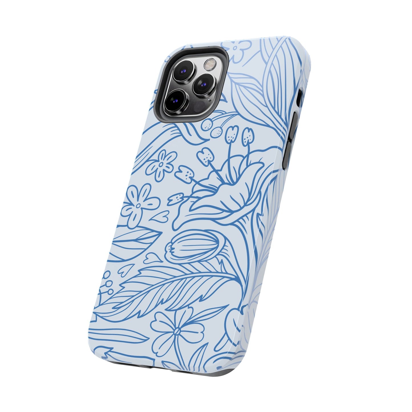 Dusty Blue Floral Line Art Tough iPhone Case – Minimalist Botanical Design with Dual-Layer Protection