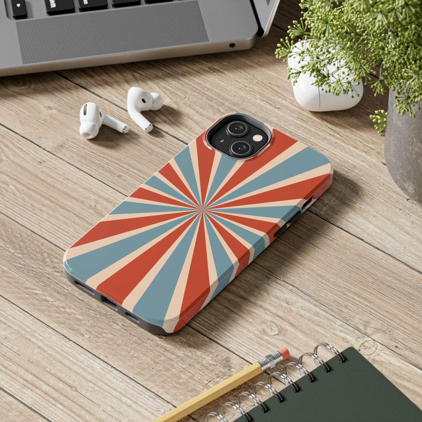 Vintage Blue & Red Sunburst iPhone Case – Bold Geometric Pattern, Shock-Resistant Cover