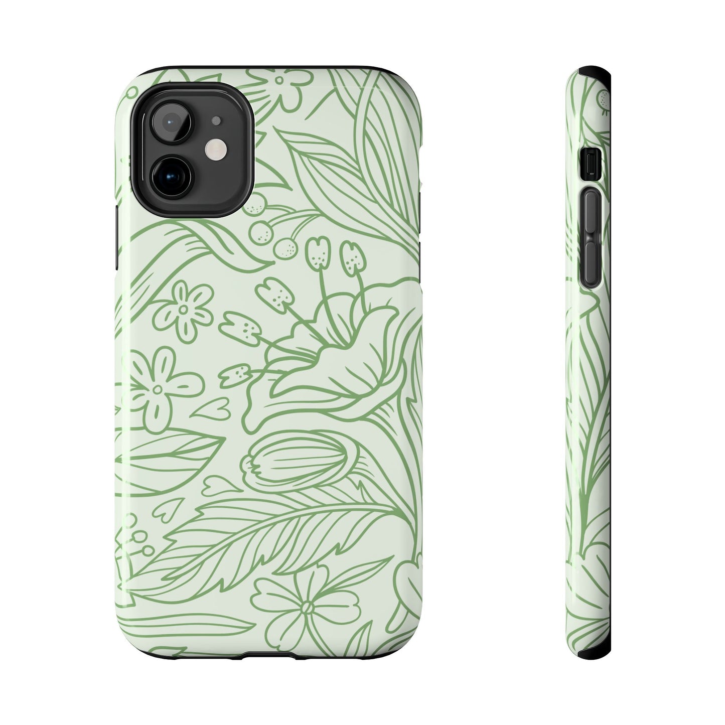 Sage Green Floral Line Art Tough iPhone Case – Minimalist Botanical Design with Dual-Layer Protection