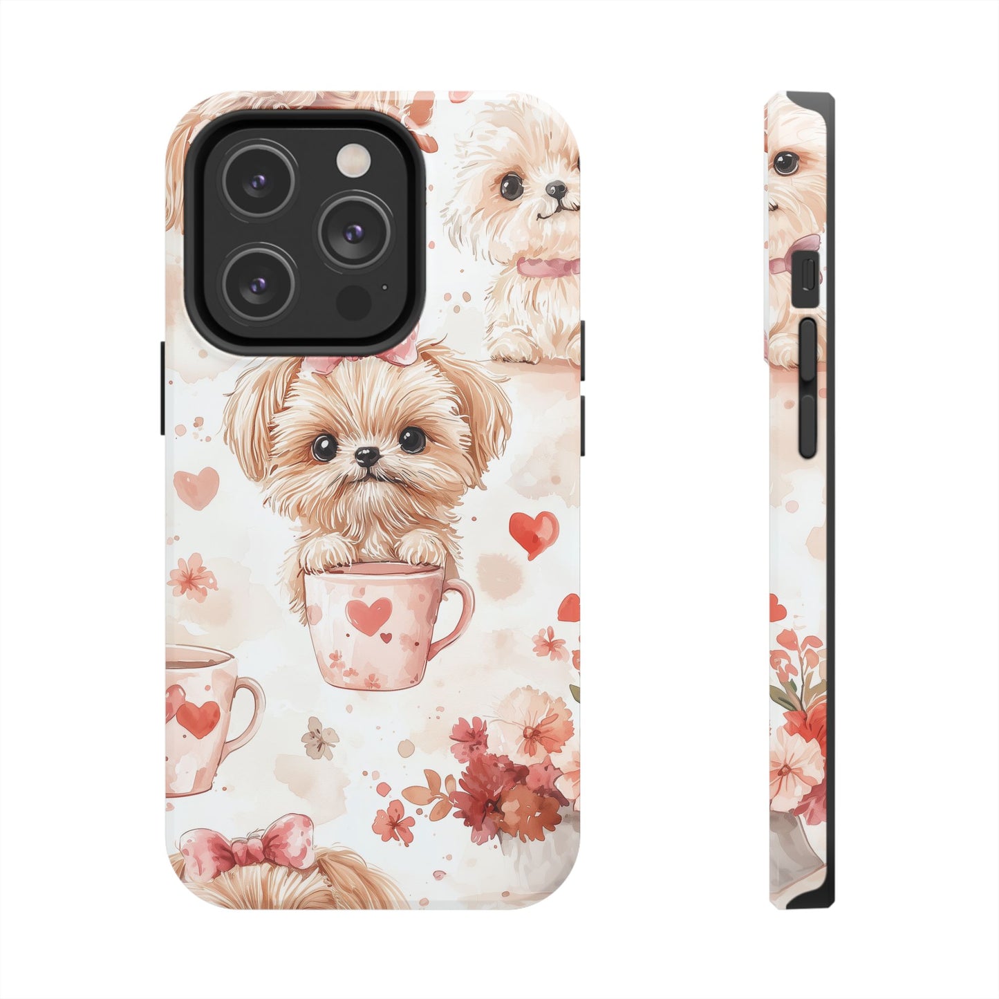 Puppies & Heart Mugs iPhone Case – Sweet Dog & Floral Design, Shockproof & Slim - BOGO Cases