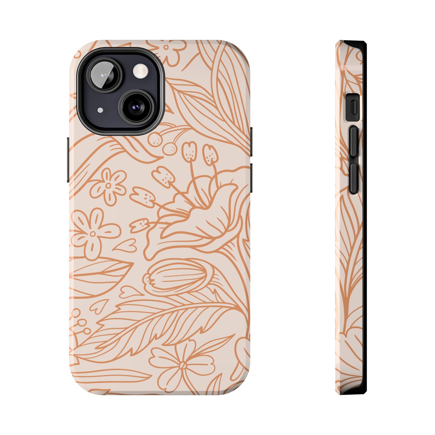 Soft Terracotta Floral Line Art Tough iPhone Case – Minimalist Botanical Design with Dual-Layer Protection