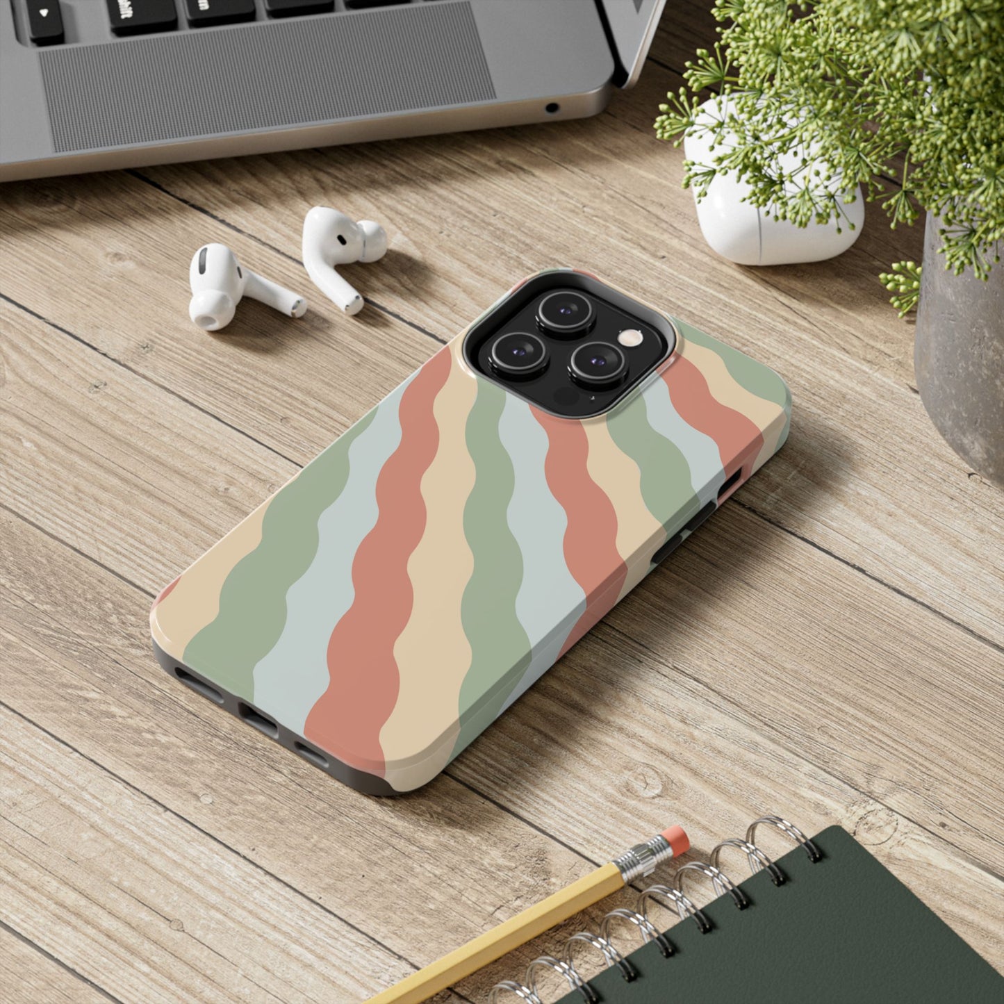 Earthy Retro Waves iPhone Case – 70s-Inspired Wavy Stripes in Soft Green, Cream, and Rust