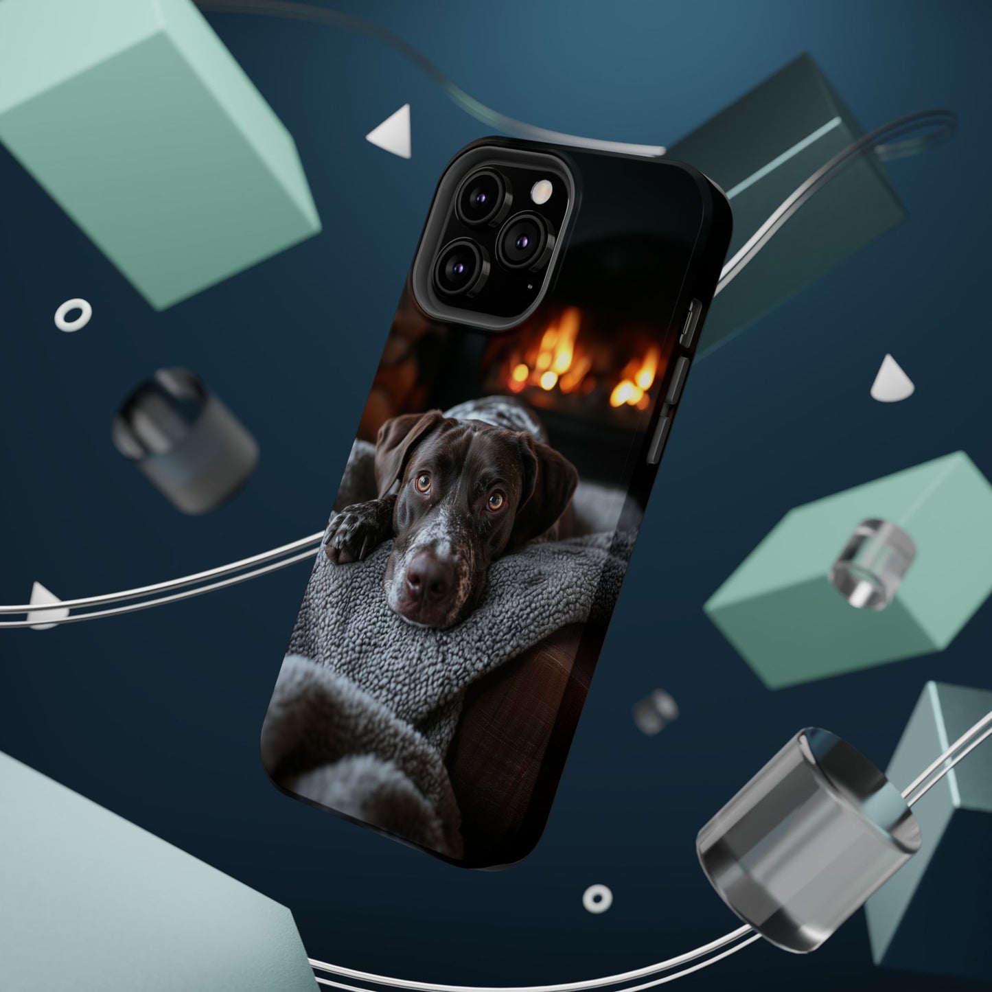 Cozy German Shorthaired Pointer MagSafe iPhone Case – Rustic Fireplace Protective Cover