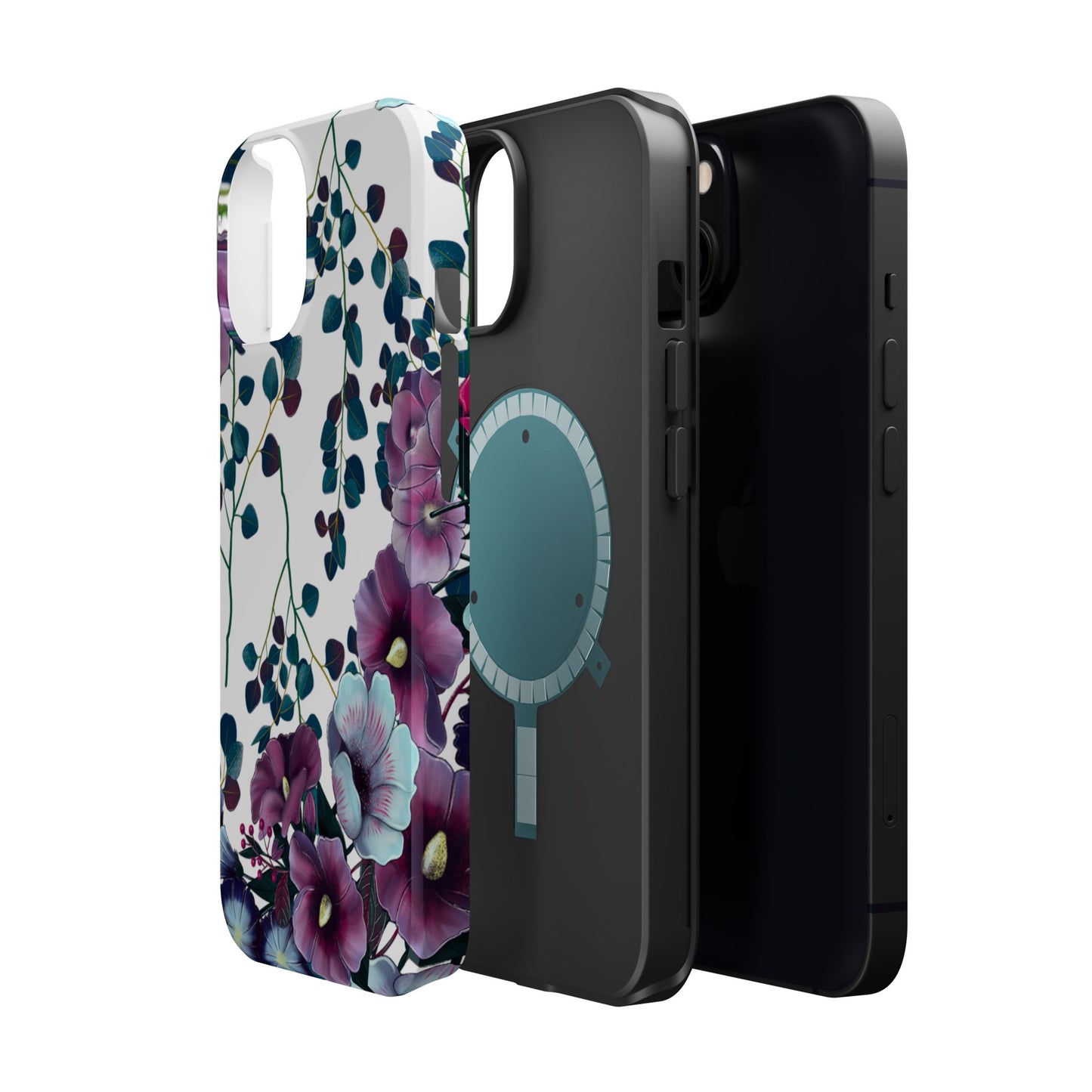 Moody Purple & Teal Floral MagSafe iPhone Series Case – Elegant Botanical Design