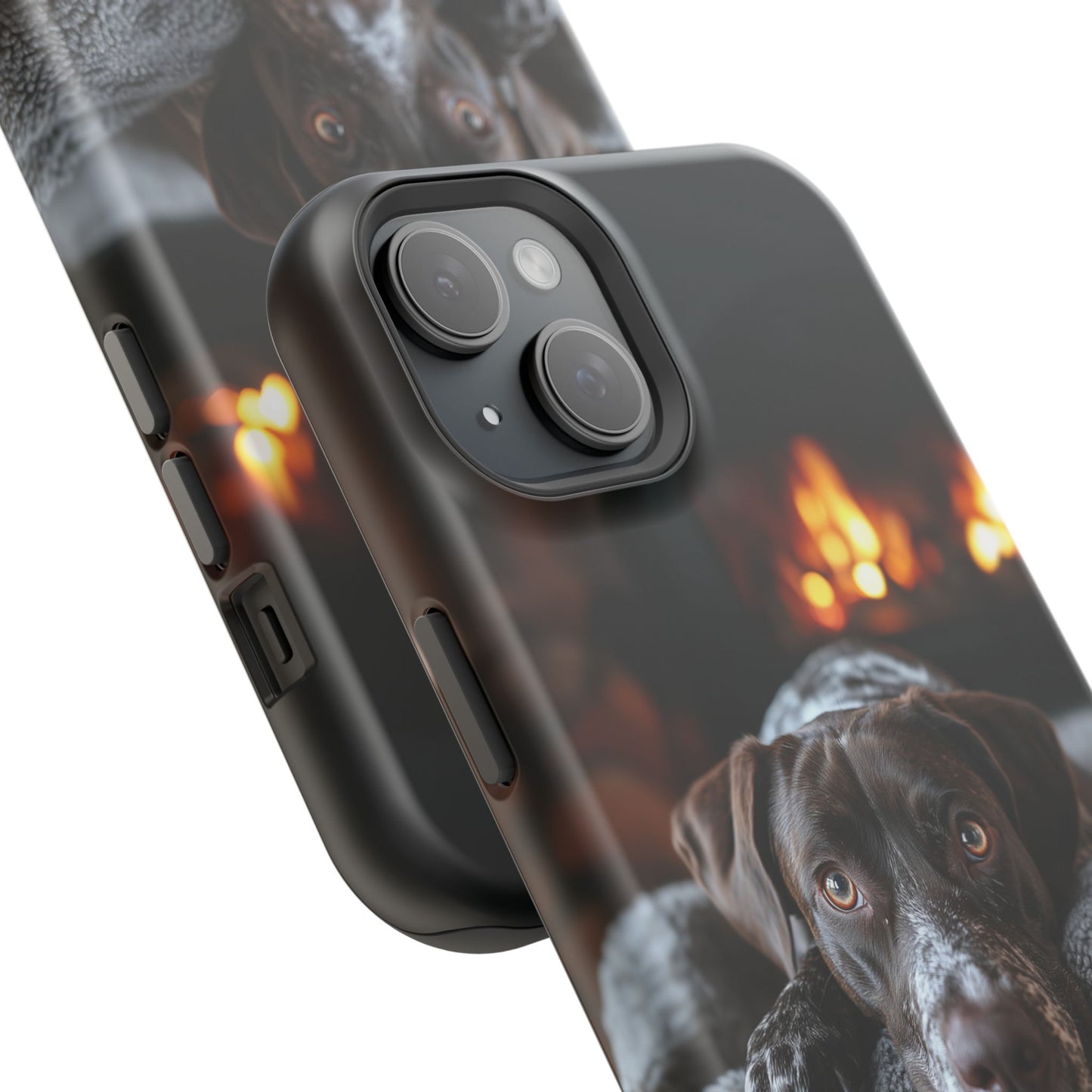 Cozy German Shorthaired Pointer MagSafe iPhone Case – Rustic Fireplace Protective Cover