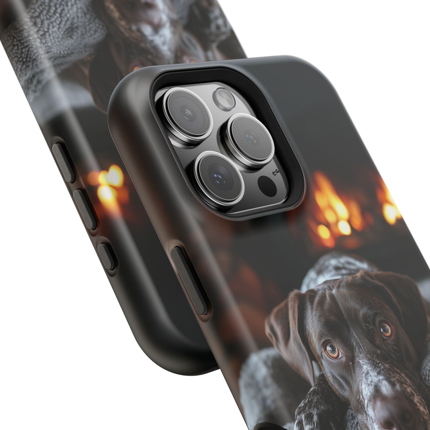 Cozy German Shorthaired Pointer MagSafe iPhone Case – Rustic Fireplace Protective Cover